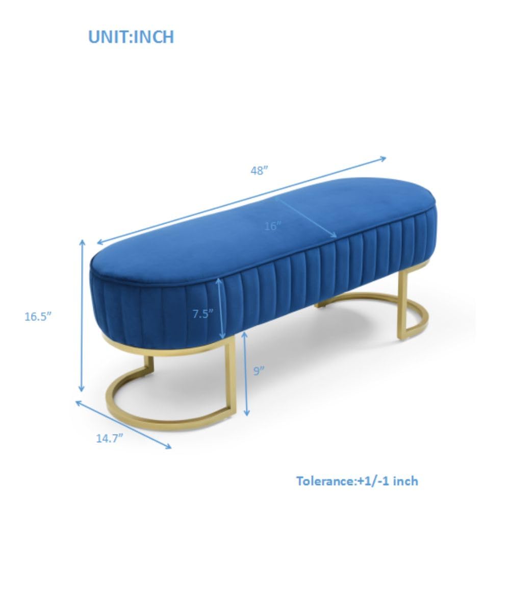 UOCFYK Bedroom Bench, Velvet Upholstered End of Bed Bench with Curved Gold Metal, 48" Ottoman Bench for Living Room, Entryway, Window, Blue