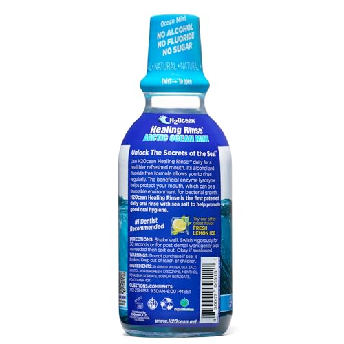 H2Ocean Healing Rinse Natural Sea Salt Oral Care - Mouth Rinse for Oral Care - Great for Piercings, Sore Throats & Gum Health - Alcohol- & Fluoride-Free Mouthwash - Arctic Ocean Mint, 16 oz
