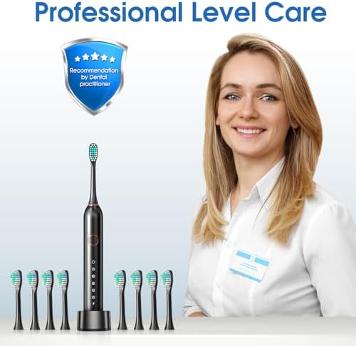 Electric Toothbrush, Sonic Type for Adults & Teens, 8 Brush Heads, Travel Case, 6 Modes, 40000 VPM Electric Motor, IPX7 Waterproof, 2 Minutes Timer, Wireless Charging, One Charge for 100 Days(Black)