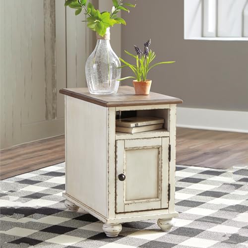 Signature Design by Ashley Realyn French Country Chair Side End Table with Outlets & USB Ports, Cream