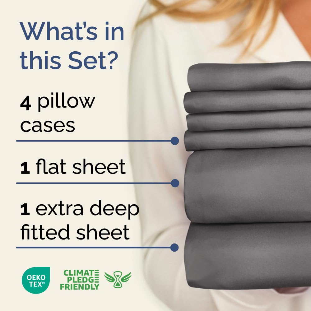 Extra Deep Queen Sheet Set - 6 Piece Breathable & Cooling Sheets - Hotel Luxury Bedding Set w/18-24 Inch Extra Deep Pockets - Easy & Secure Fit - Super Soft, Wrinkle Free and Comfy - Grey, Queen Size
