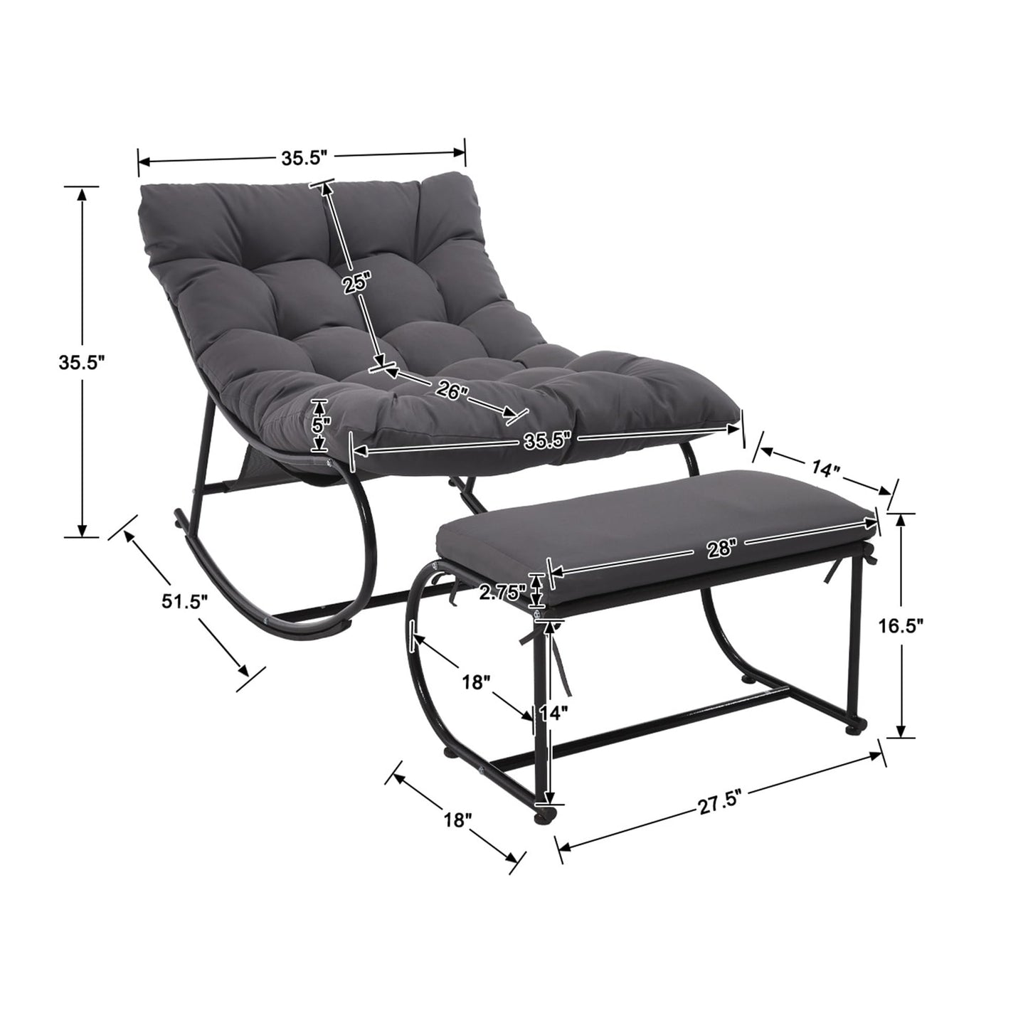 DAYARUS Upholstered Outdoor Rocking Chairs, Modern Patio Rocking Chair Set of 2 with Foot Rest, Study Metal Papasan Rocking Chair, Cozy Rockings Recliner Chair for Bedroom/Living Room/Lawn, Gray