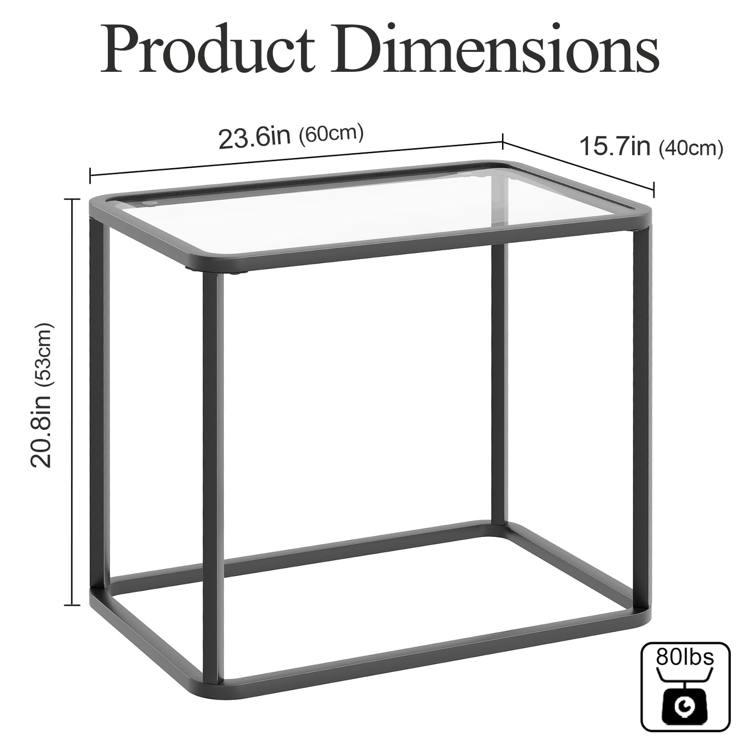 Garden 4 you Glass Side Table, Rectangle End Table with Metal Frame, Modern Bedside Table for Office, Bedroom, Living Room, Study, Small Spaces,Easy Assembly,23.6x15.7x20.8 Inches,Black