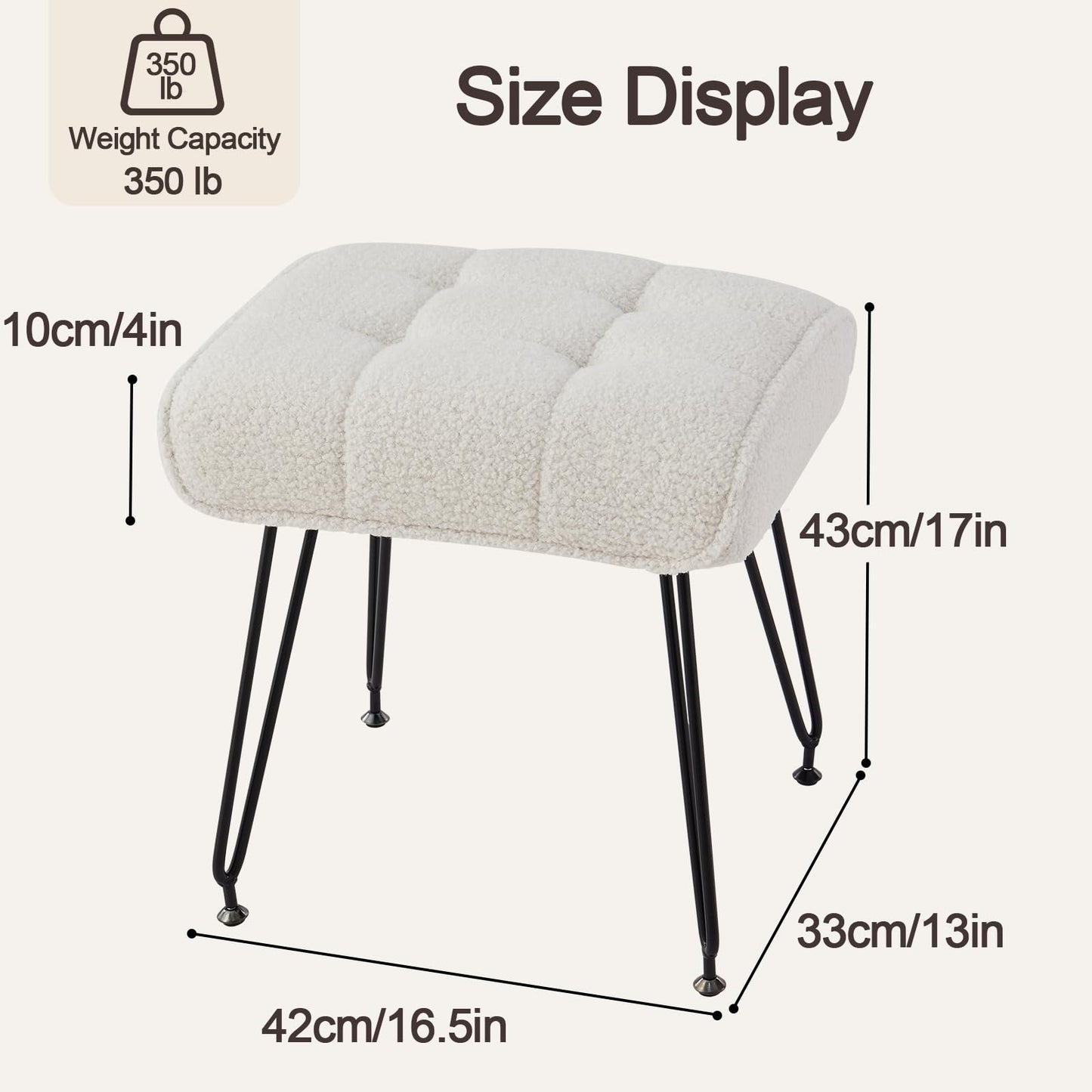 EBENCHICO Sherpa Vanity Stools, Teddy Fur Foot Stools Ottoman with Metal Leg Vanity Stool Chair with Padded Seating Make up Chairs for Small Bench Seat for Living Room Bedroom (Cream White)