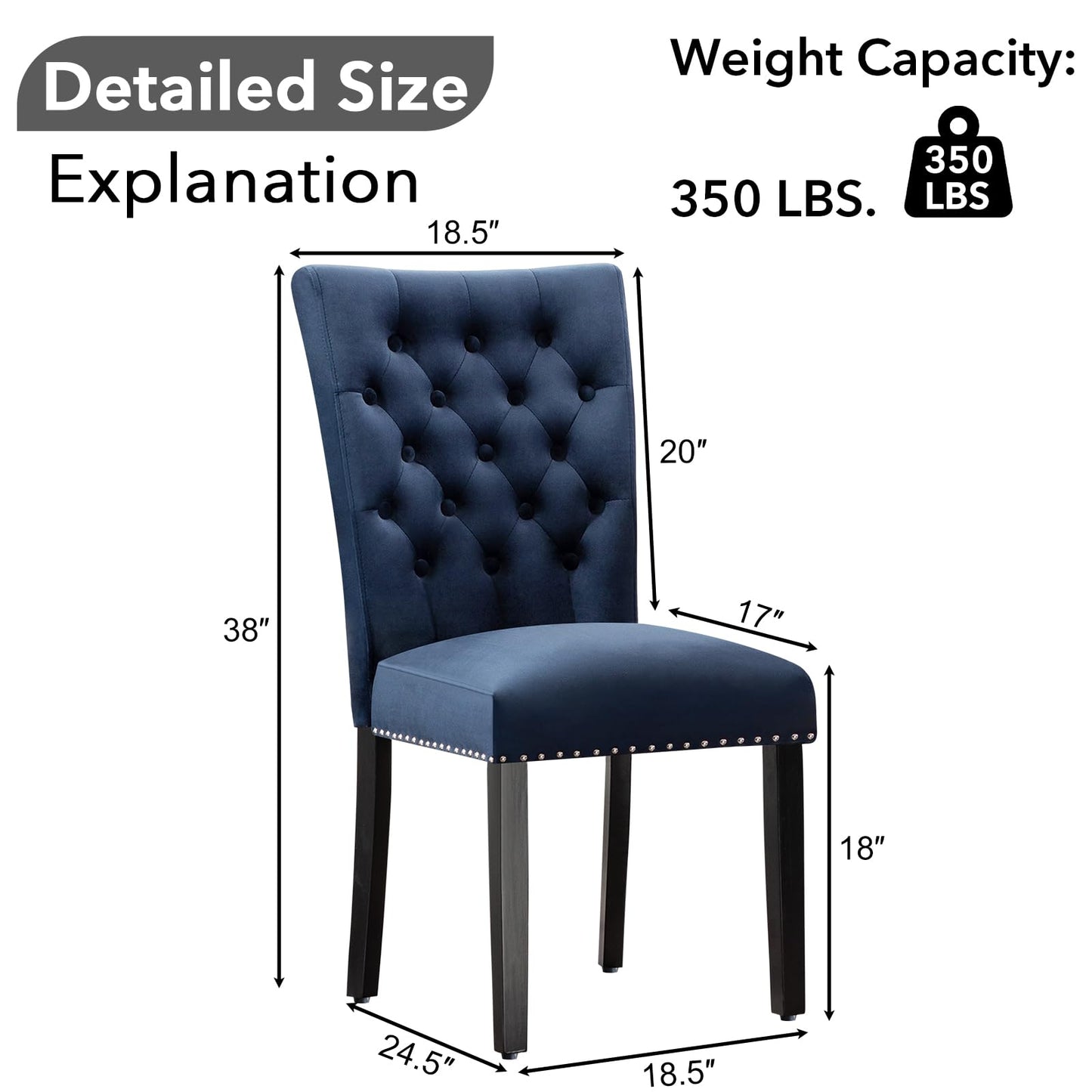 adochr Velvet Dining Kitchen Chair Set of 6, Parsons Upholstered Dining Room Chair, Wood Accent Chair with Nailed Trim, Blue