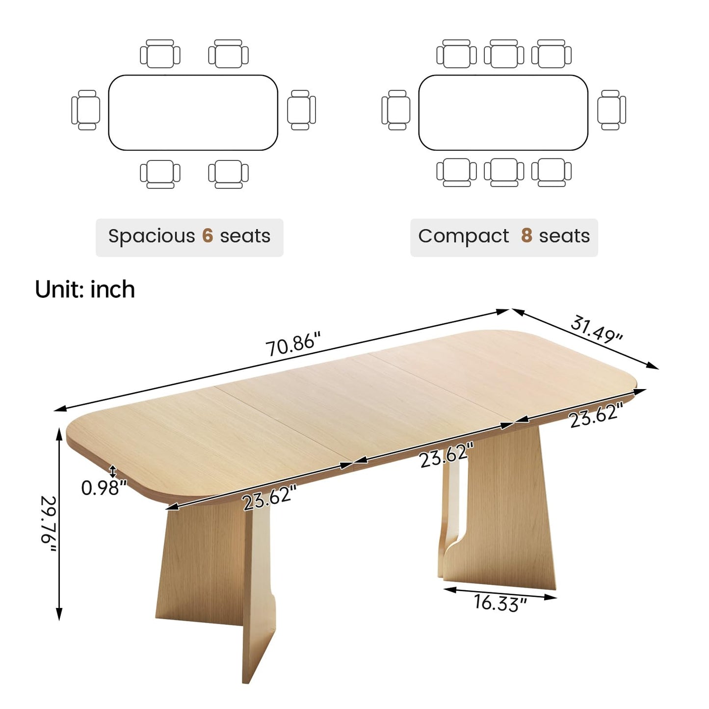 GraceNook 70.86" Dining Table for 4/6/8, Rounded-Corner Rectangular Kitchen Table, Dining Room Table for Kitchen, Dining Room, Home Office