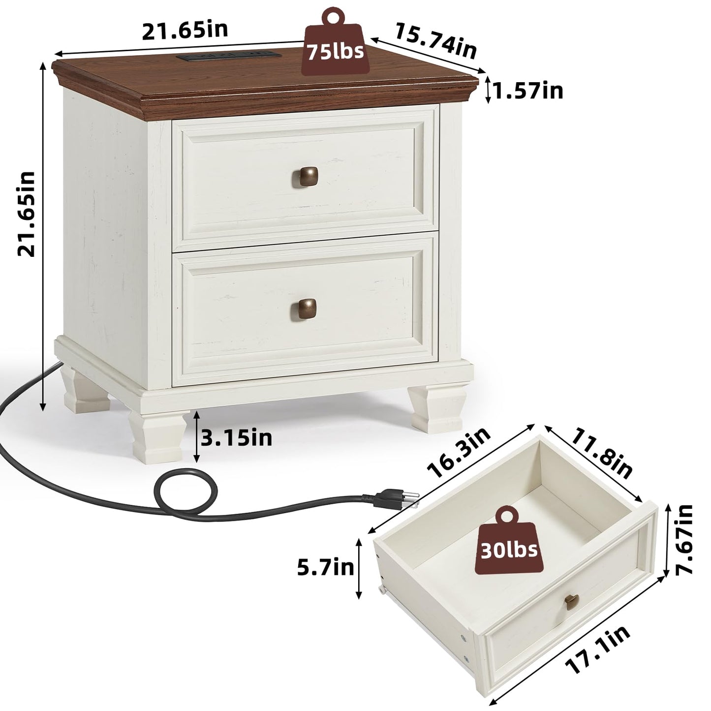 SAVOR LIFE Farmhouse Nightstand Set of 2, Rustic Low Nightstands with 2 Drawers & Charging Station, Vintage Night Stands with 4 Square Solid Wood Legs, Small Dresser for Bedroom, Home, White