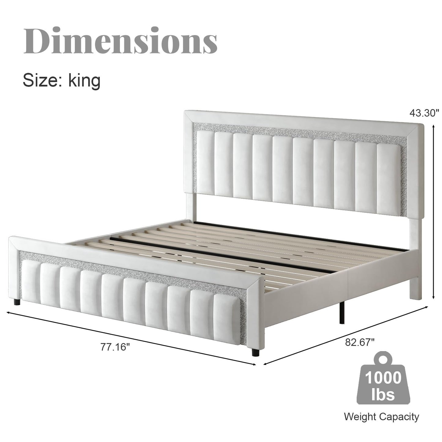 HOMBCK King Size Bed Frame with Diamond Velvet Headboard, Upholstered Bed Frame King with Wooden Slats Support, No Box Spring Needed, Noise Free, Easy Assembly, White