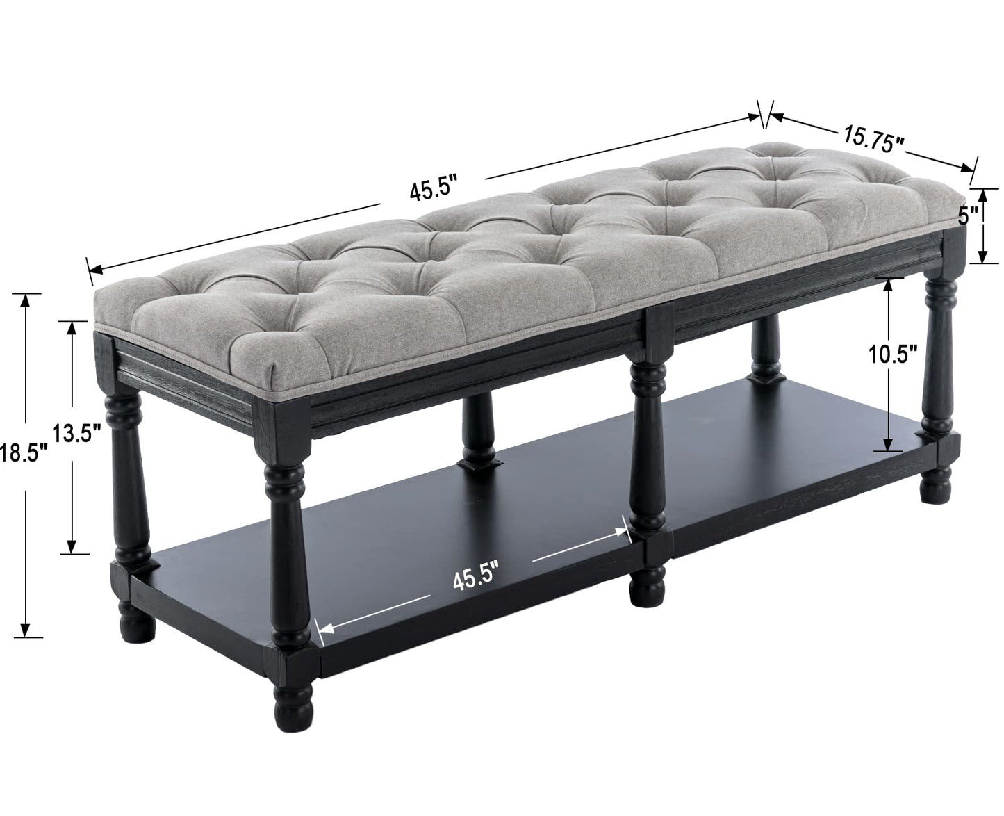 Kmax Storage Entryway Bench Tufted Shoe Rack Bench Black Wood Window Bench for Hallway Entrance Bedroom Corner, Grey