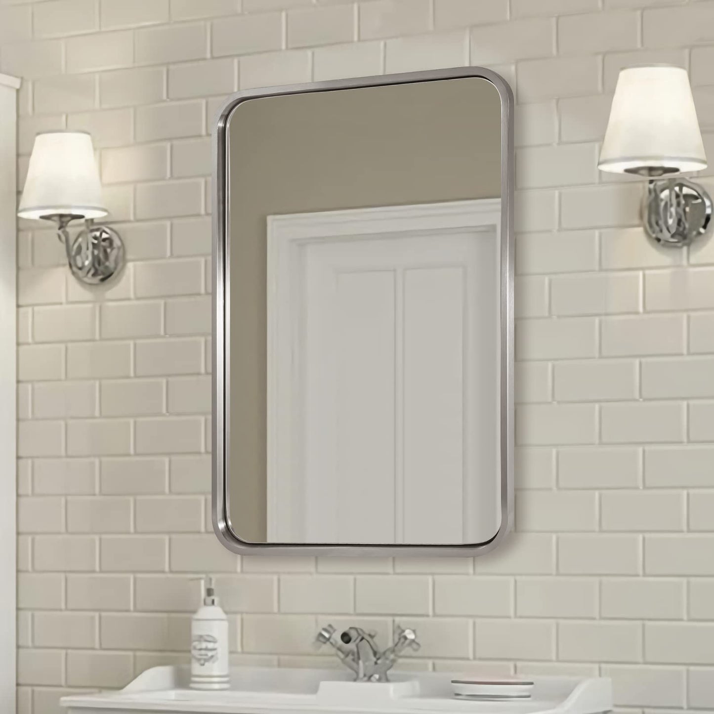 ANDY STAR Brushed Nickel Bathroom Mirror, 22x30'' Rounded Rectangle Modern Vanity Mirror, SUS304 Metal Tube Framed, Rustproof, 1'' Deep, Wall Mounted Vertically/Horizontally