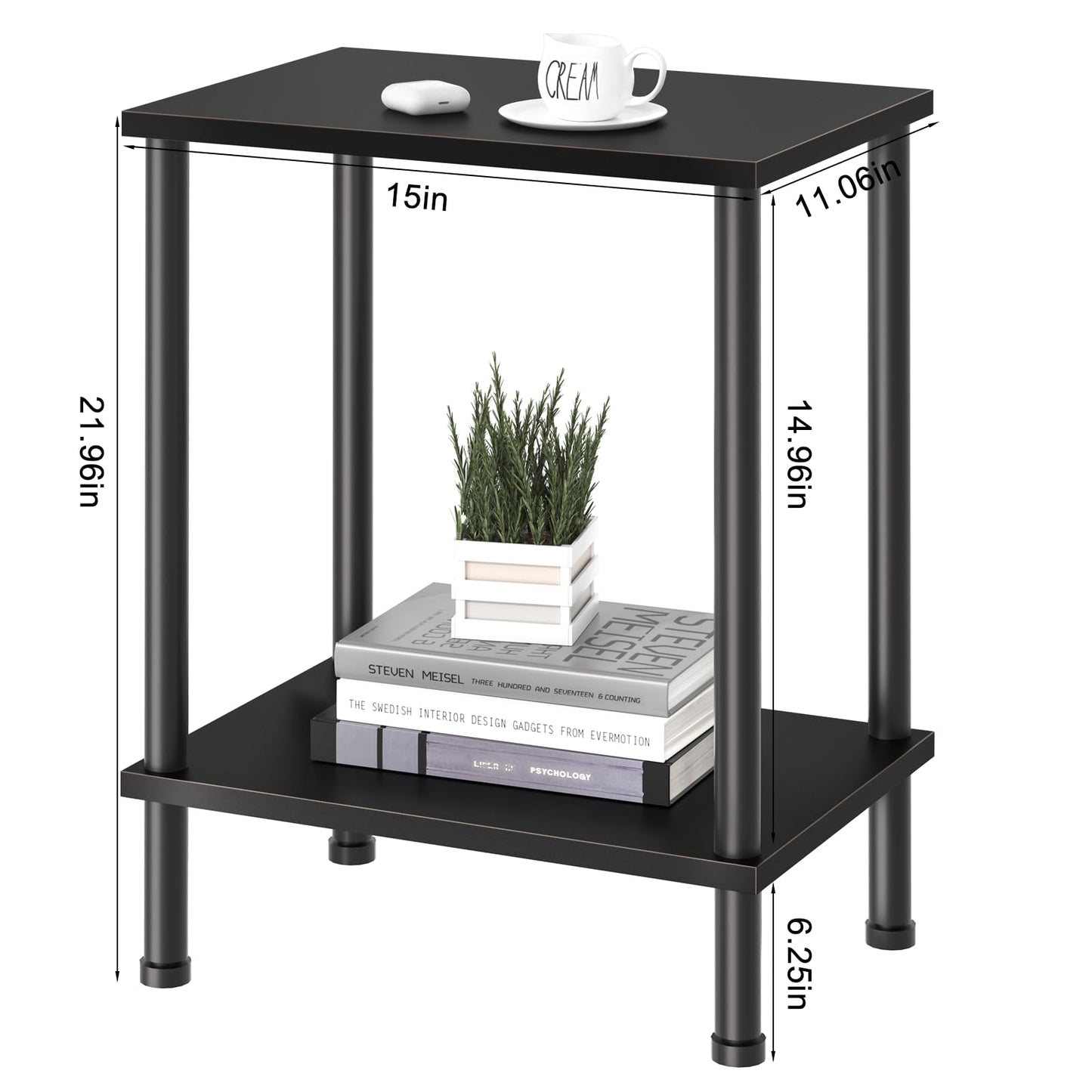 YUFAM End Table,Small Side Table,2-Tier Nightstand with Storage Shelf,Sofa Bedside Table for Small Spaces in Living Room,Bedroom, Office,Stable Frame,Easy Assembly,Black
