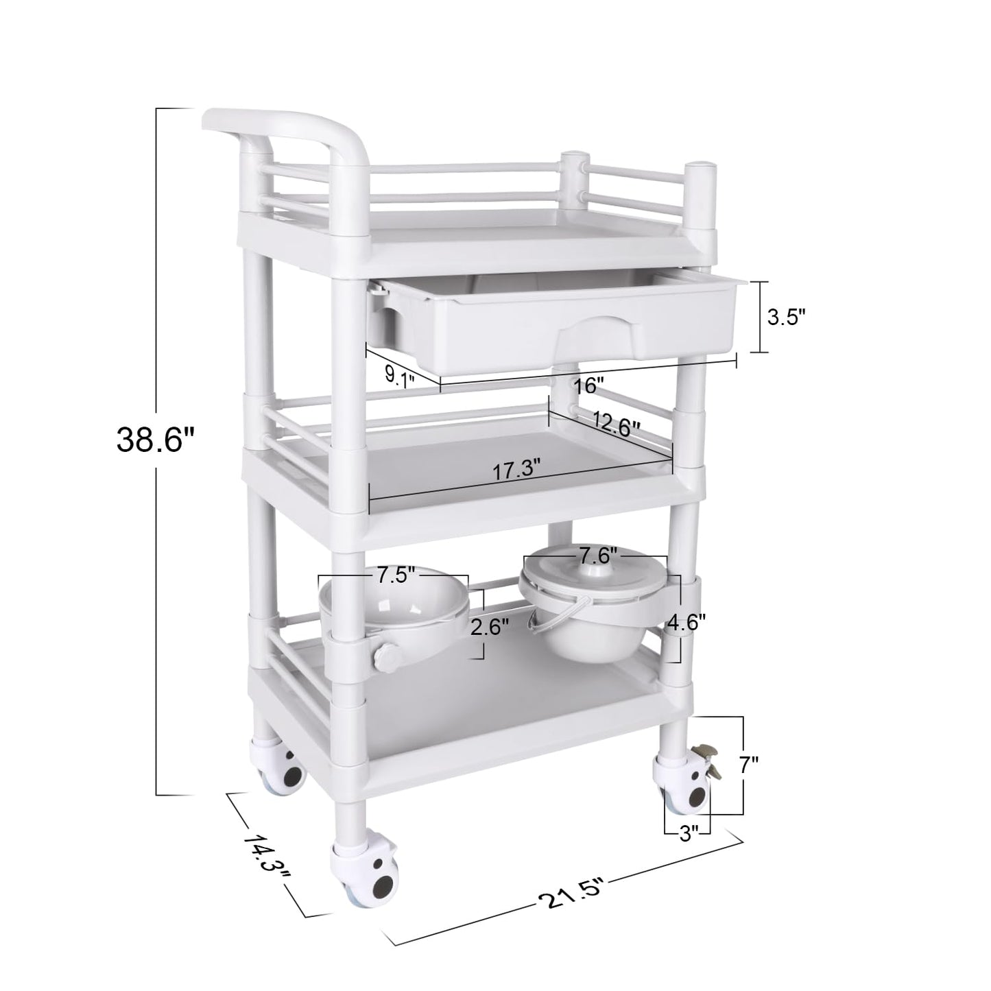 Mobile Medical Trolley Cart Portable 3-Tier Professional Cart 220 Lbs Load Utility Carts for Ultrasound Scanner Esthetician Carts with Drawer Lockable Rolling Wheels for Hospital Dental Clinic Home