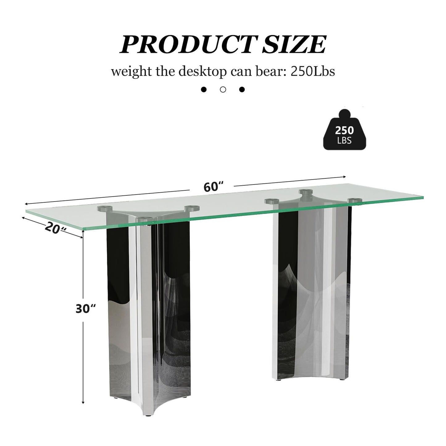 Asday Silver and Glass Console Table, 60 Inch Sofa Table, Silver Rectangle Entryway Table with Polished Mirror Base for Living Room, Hallway
