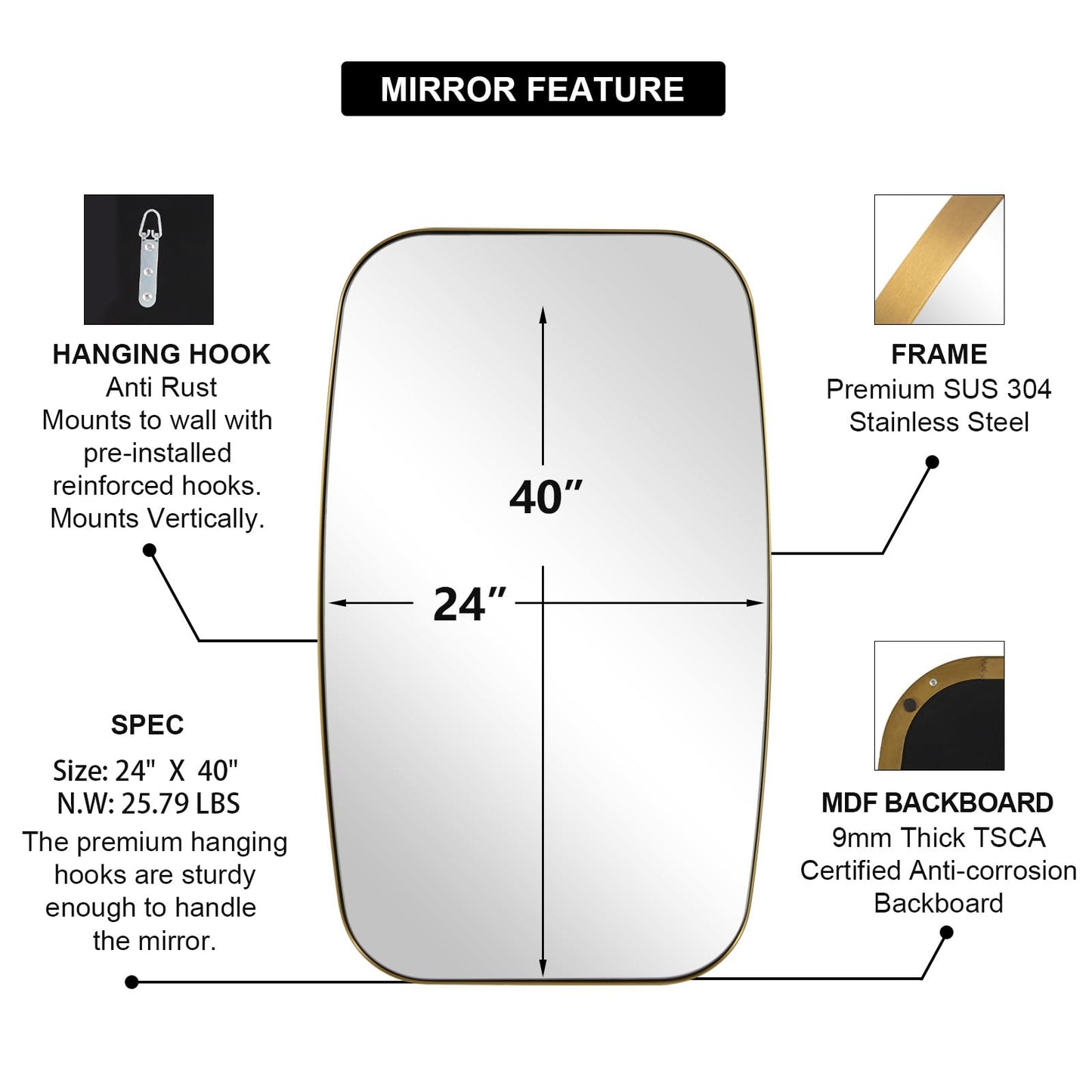 ANDY STAR Gold Oval Mirrors for Bathroom, Large 24x40’’ Brushed Gold Metal Framed Oblong Wall Mirror, Modern Gold Vanity Mirror in Stainless Steel Frame Wall Mount Horizontal or Vertical