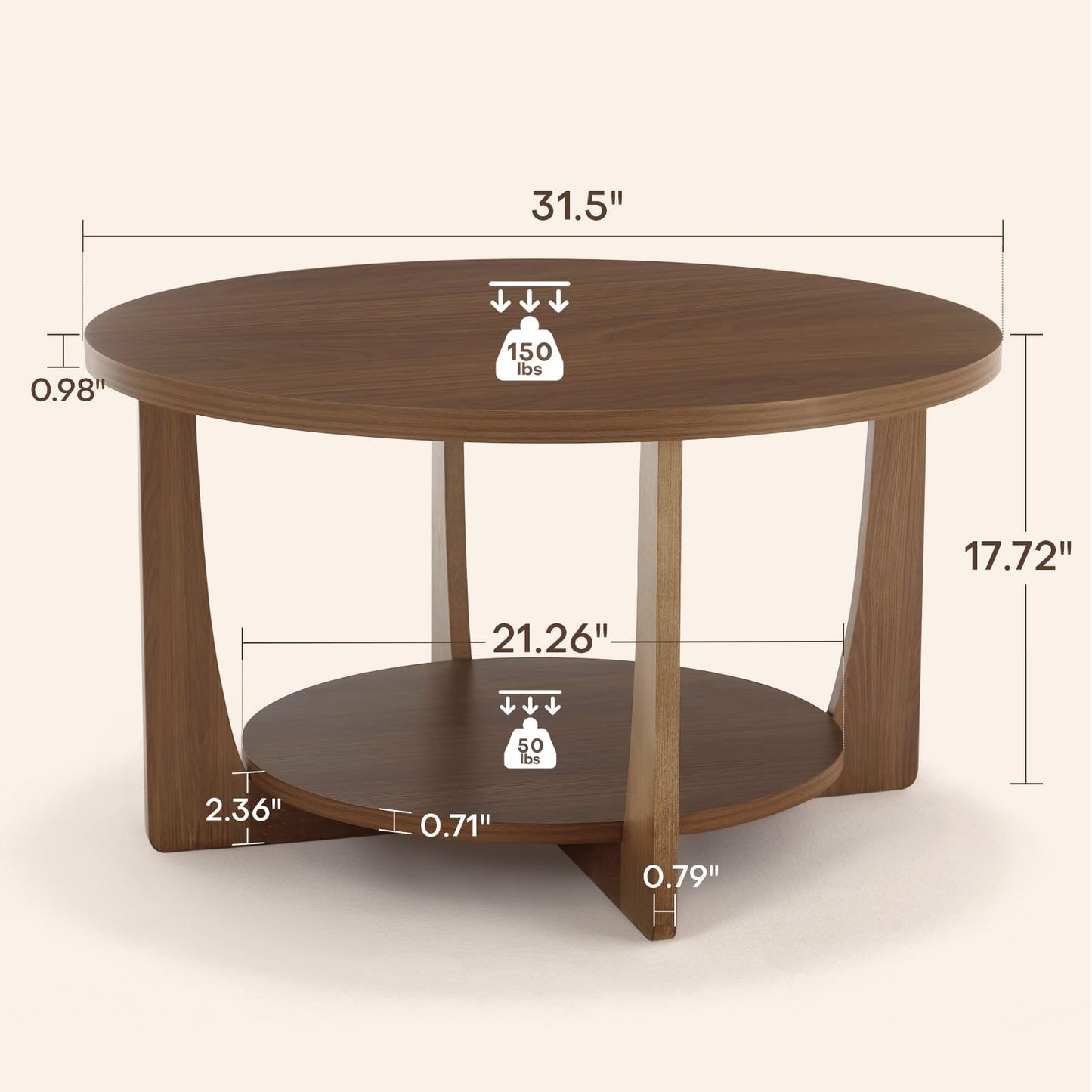 BECHAEO 31.5'' Round Coffee Table with Solid Wood Pine Legs, 2-Tier Retro Round Coffee Table with Storage Shelf, Small Modern Wood Circle Coffee Table Boho Round Center Table for Living Room (Walnut)