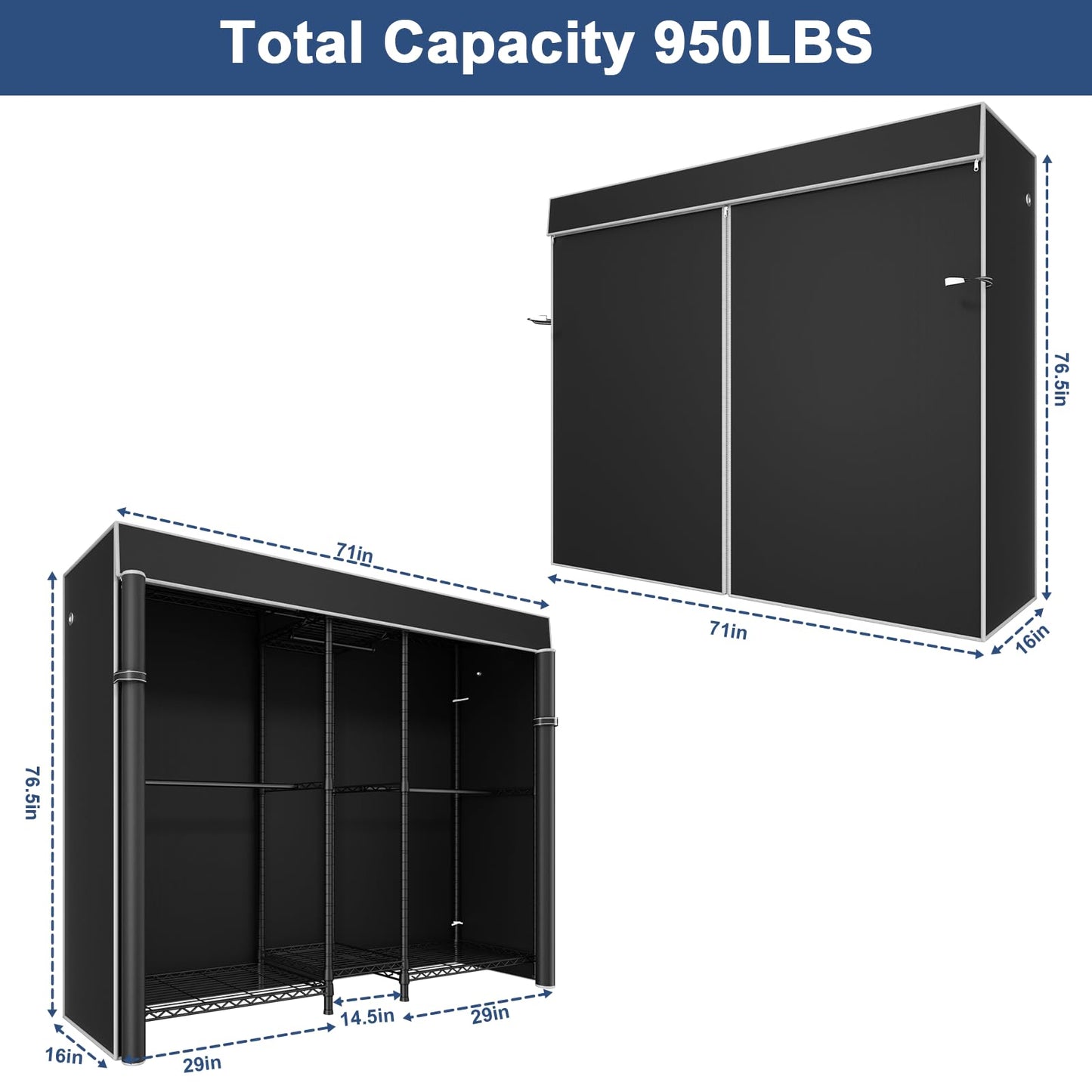Ulif E12C Heavy Duty Closet Organizer System,Freestanding Clothing Rack, Adjustable Garment Rack 71" W x 16" D x 76.5" H Holds 960 lbs, Black Rack with Black Dustproof Cover