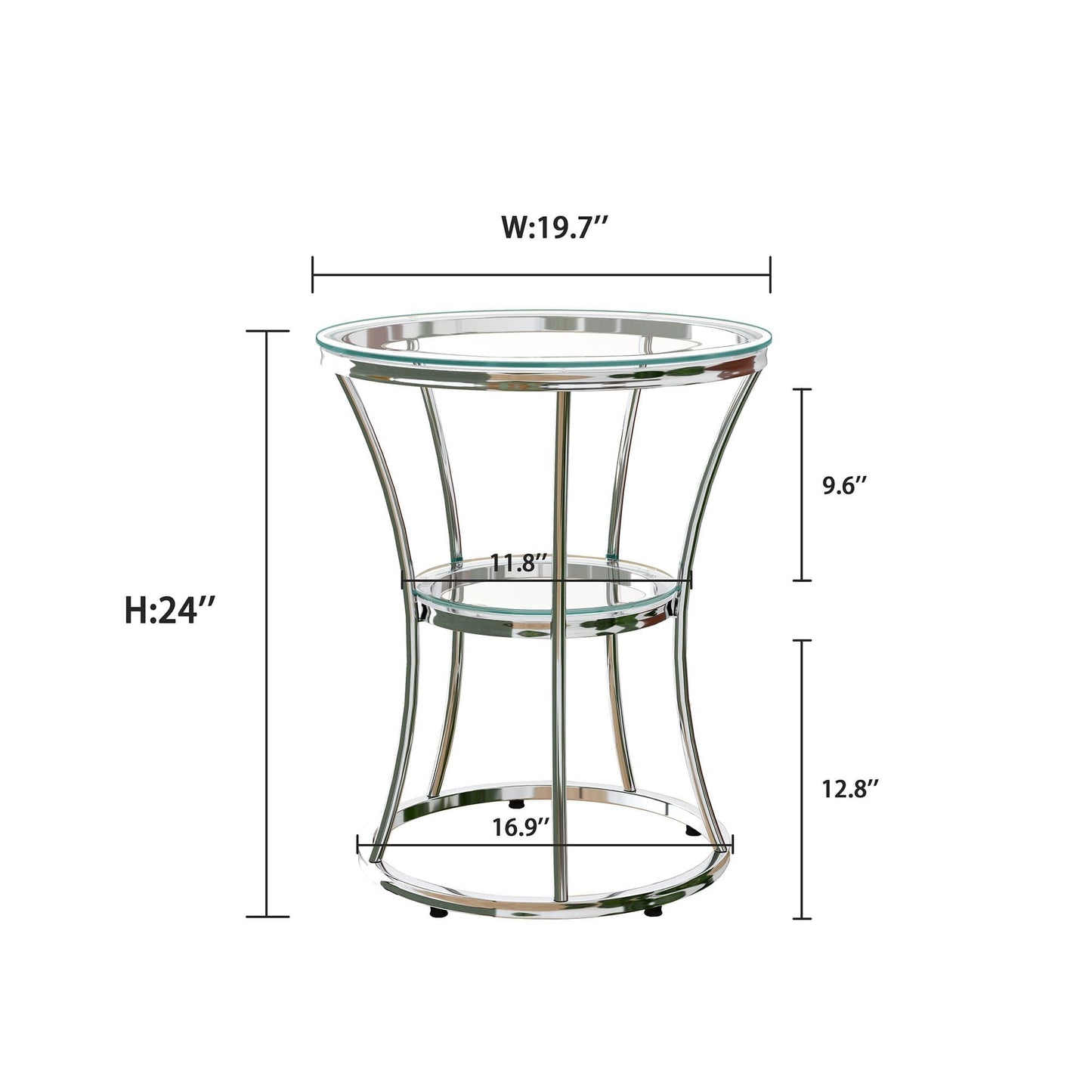 O&K FURNITURE Round End Table with Tempered Glass, Small Silver Side Table for Small Spaces, Nightstand with Shelf for Living Room, Bedroom, Office,Chrome Finish, 1 PC