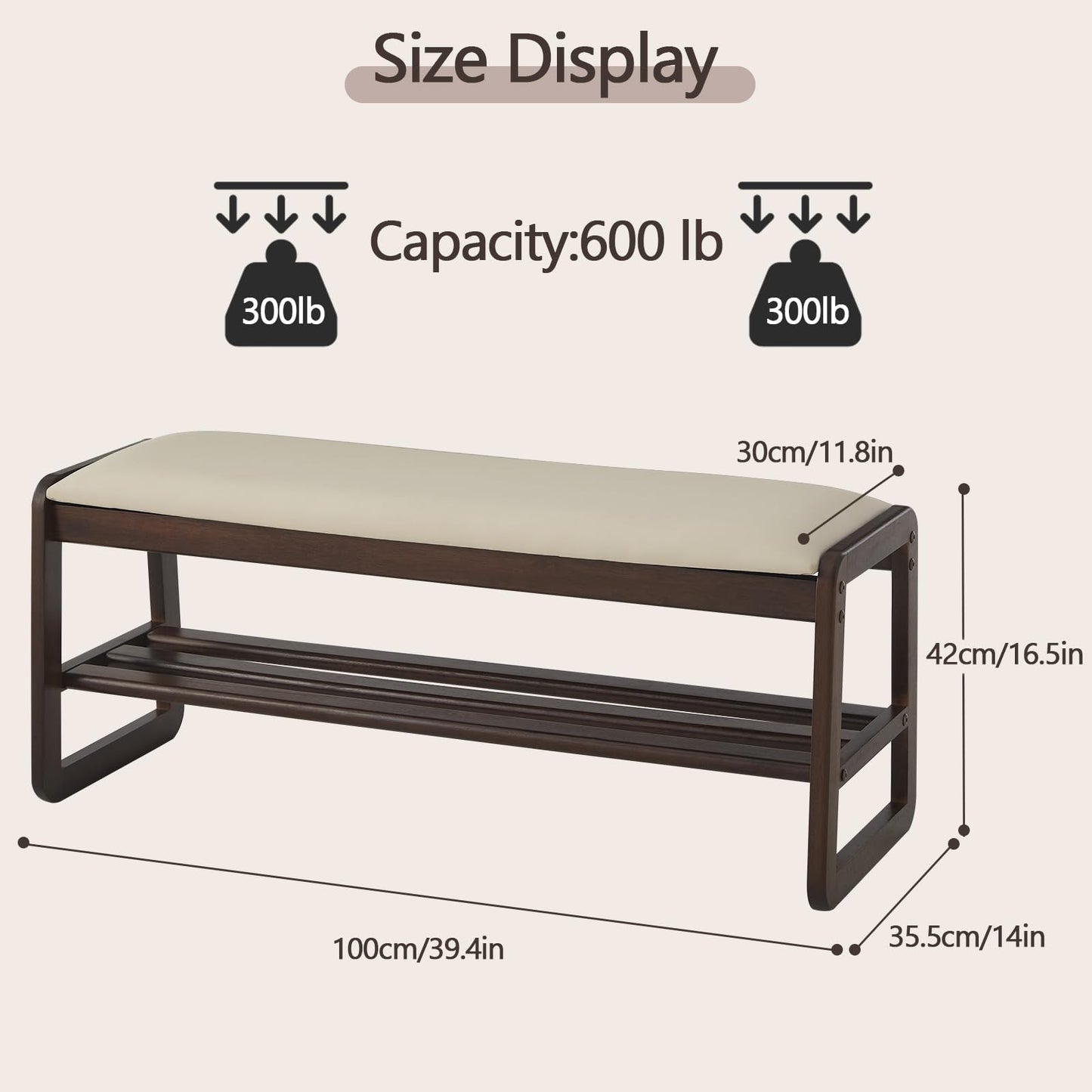 Achicsofar Shoe Rack Bench,2 Tier Wooden Entryway Bench with Shoe Storage, Shoe Rack with Cushion for Living Room, Hallway(Pu Beige, 39.4")