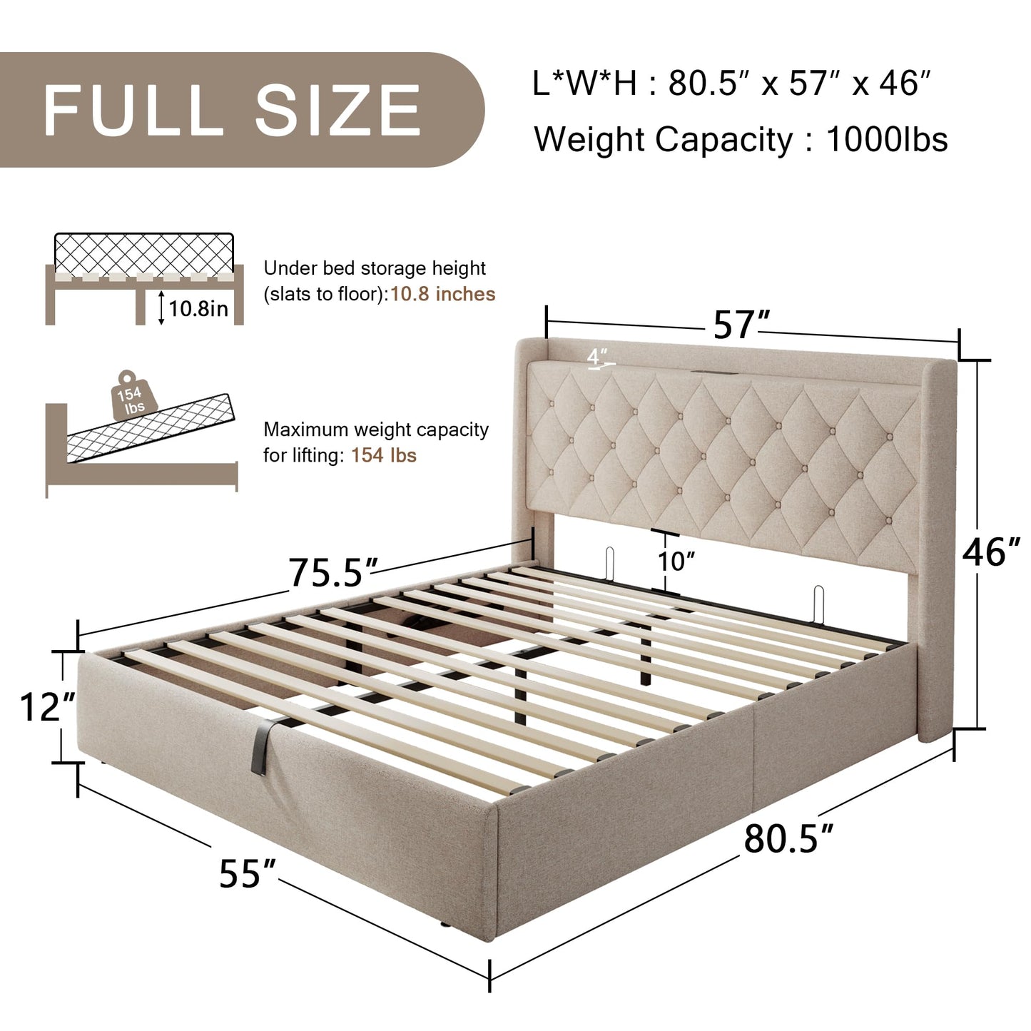Einhomn Full Lift Up Storage Bed Frame with Charging Station, Upholstered Bed Frame with Storage, No Box Spring Needed, Noise-Free, Hydraulic Storage, Easy Assembly, Beige