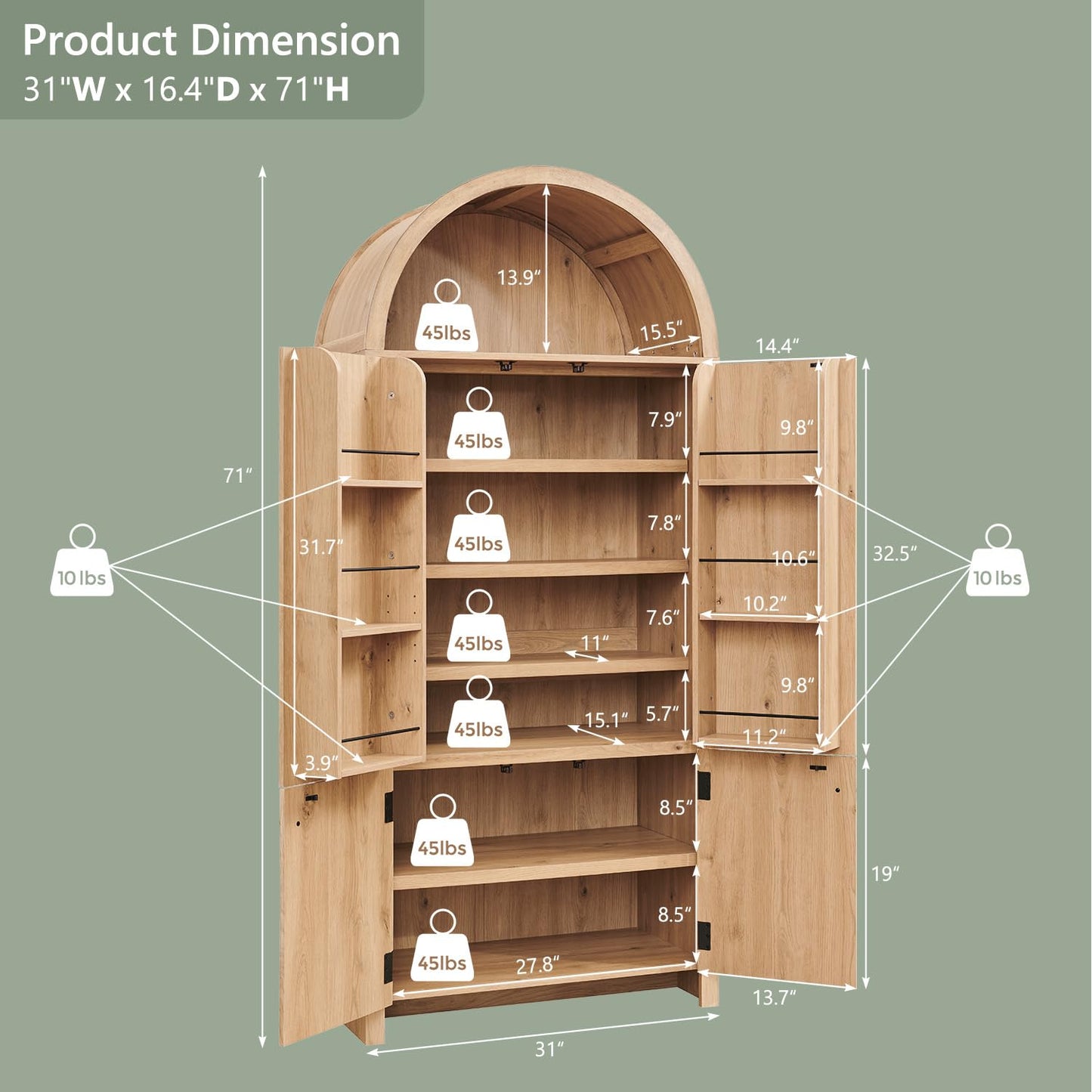IFGET 71" Tall Arched Kitchen Pantry, Modern Fluted Wood Storage Cabinet with Doors, 3 Adjustable Shelves, 6 Door Shelves, Organizer, Versatile Cupboard for Kitchen, Bathroom, Natrual
