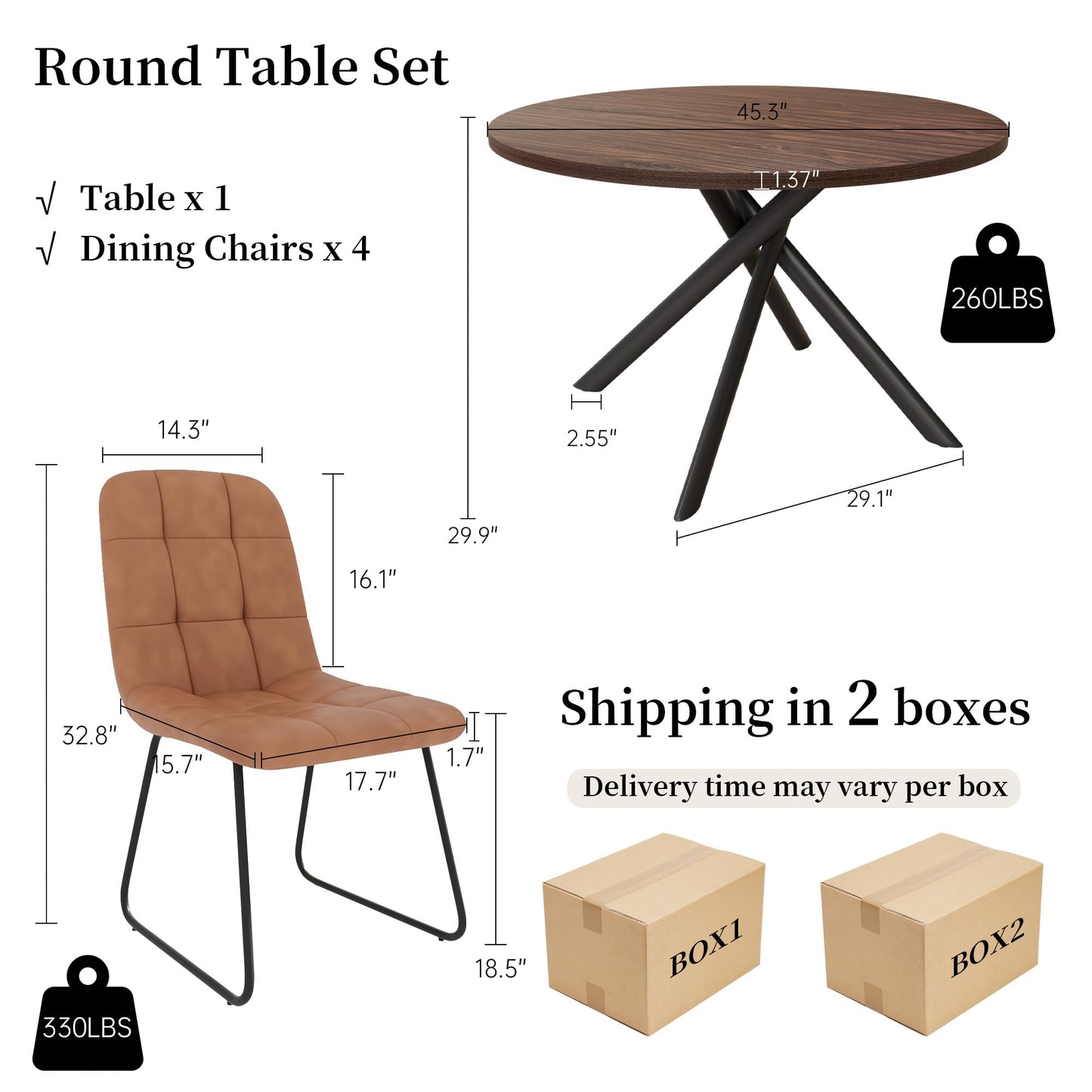 HIPIHOM 45.3 Inch Round Dining Table Set for 4, Mid Century Modern Small Coffee Set for Dining Room Kitchen Apartment (Walnut Table + 4 U-Shaped Brown Chairs)