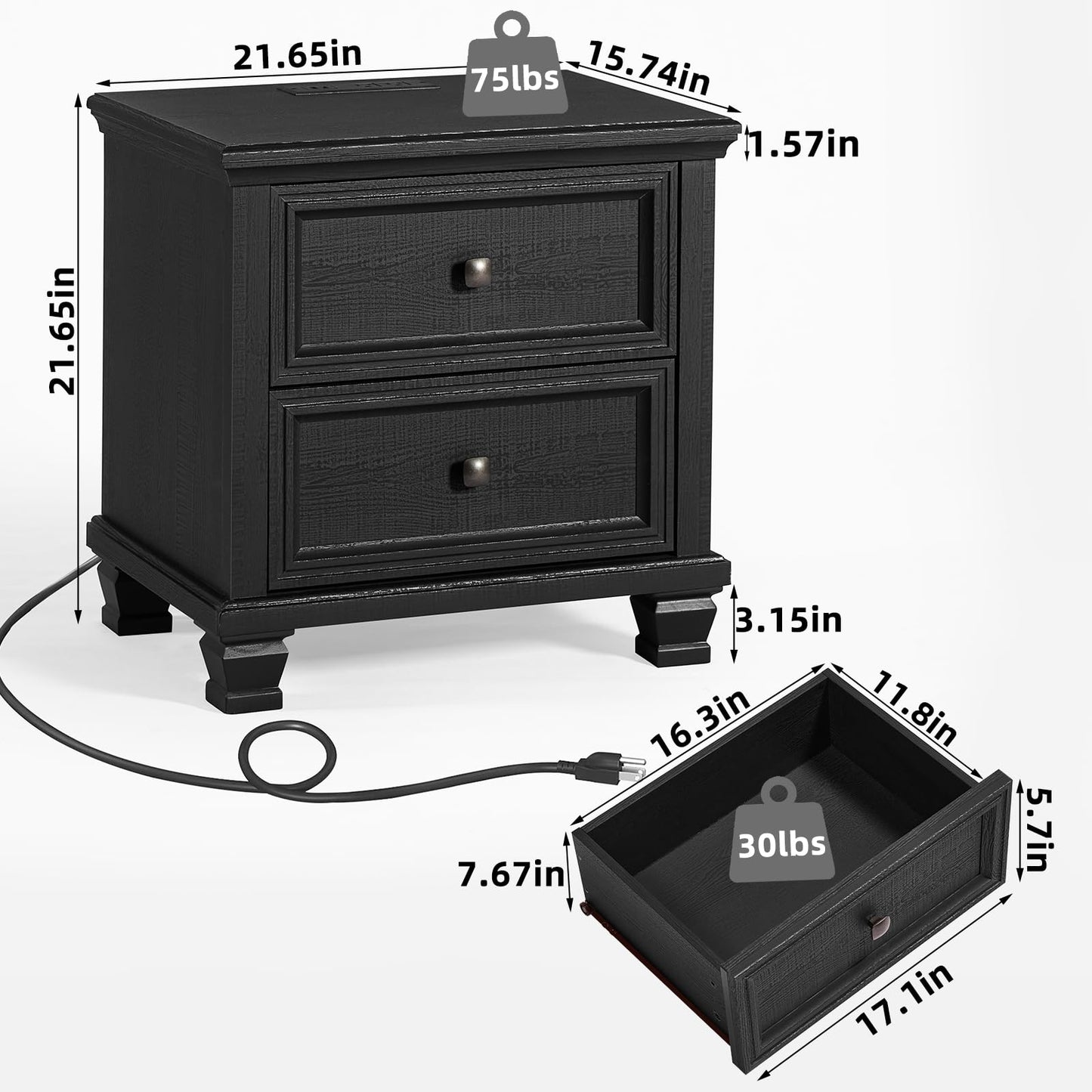 SAVOR LIFE Farmhouse Nightstand with Charging Station, Rustic Low Night Stand with 2 Drawers, Mid-Century Modern End Table with 4 Square Solid Wood Legs, Small Dresser for Bedroom, Home, Black