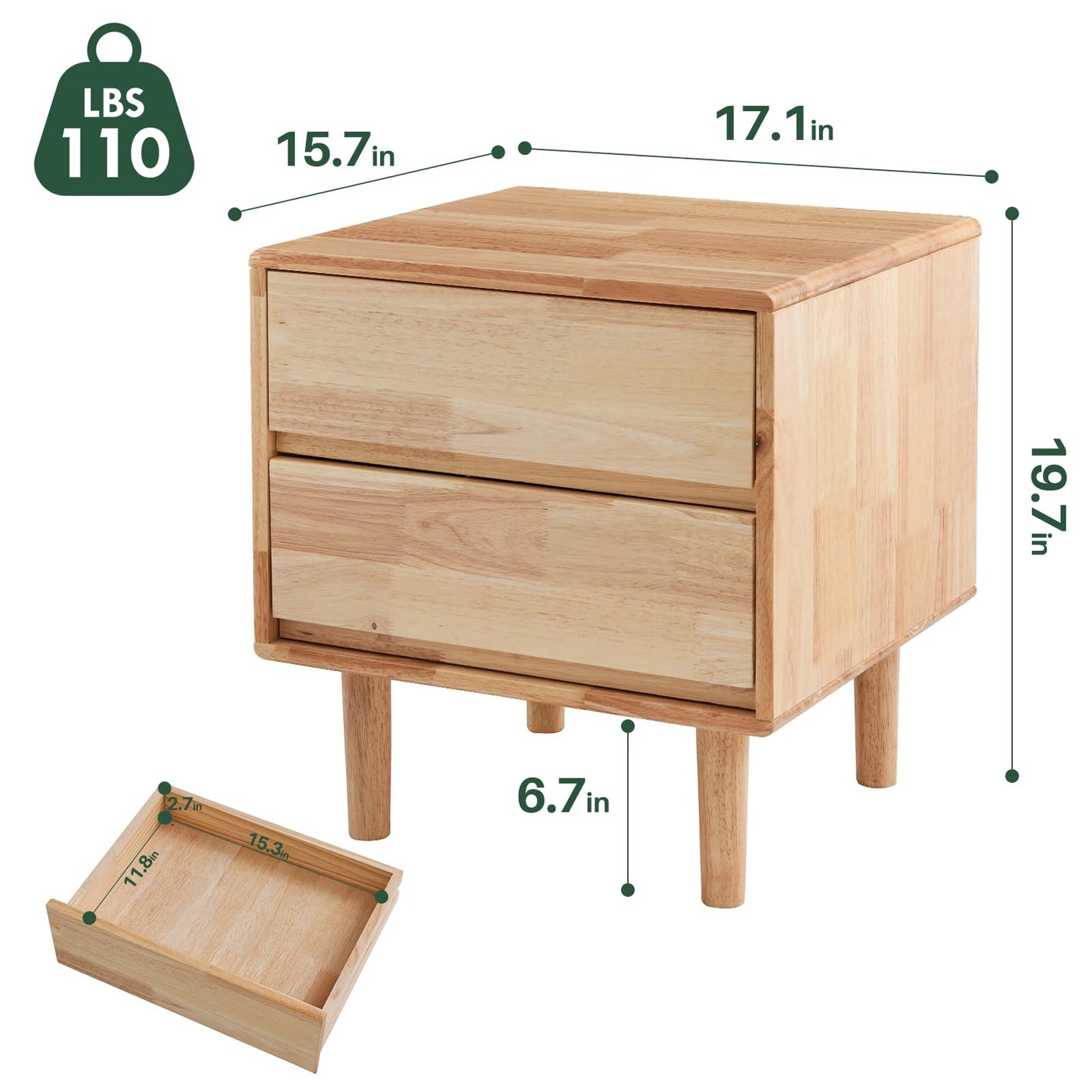 Small Solid Wood Nightstand with Drawers - Mid Century Modern 2 Drawer Wood Narrow Nightstand Side Bedside End Table with Storage for Living Room Bedroom Office, Natural, 15.7" D x 17.1" W x 19.6" H