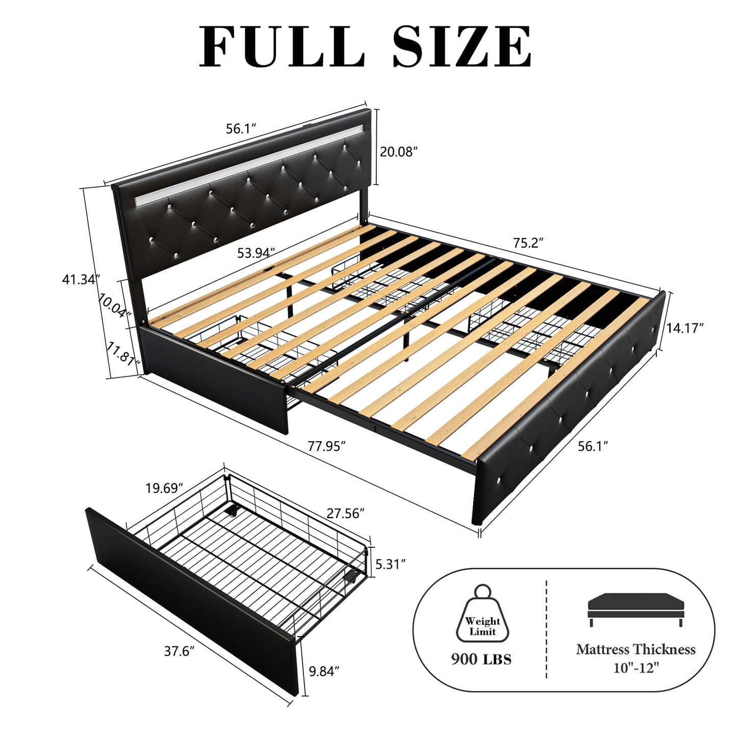 Forrise Bed Frame Full Size with Storage Drawers and LED Light, 2 Sockets and 2 USB Ports, Adjustable Headboard with PU Leather Upholstered, No Box Spring Needed, Wooden Slats Support, Black.