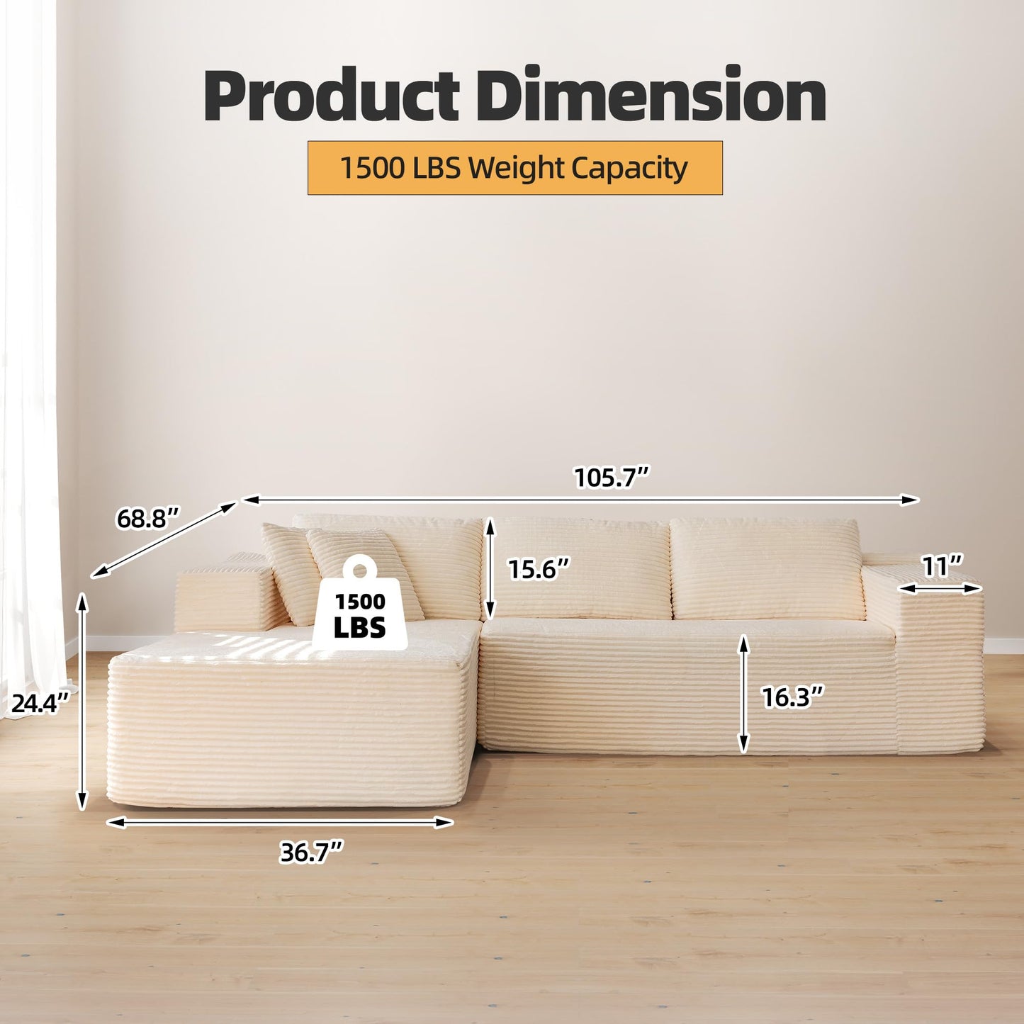 HOMREST 106" Cloud Sectional Couch with Chaise Lounge, L-Shape Modular Sectional Sofa with Deep Seat, Upholstered Couches for Living Room Bedroom, No Assembly Required, Beige (Plush Corduroy Fabric)