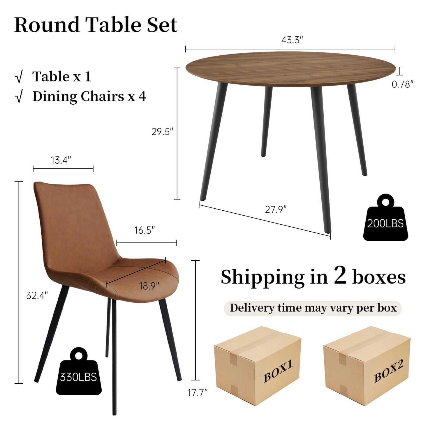 HIPIHOM 43.3 Inch Round Dining Table Set for 4, Modern Small Kitchen Coffee Set for Dining Room Kitchen Apartment (Walnut Table + 4 Brown Chairs)