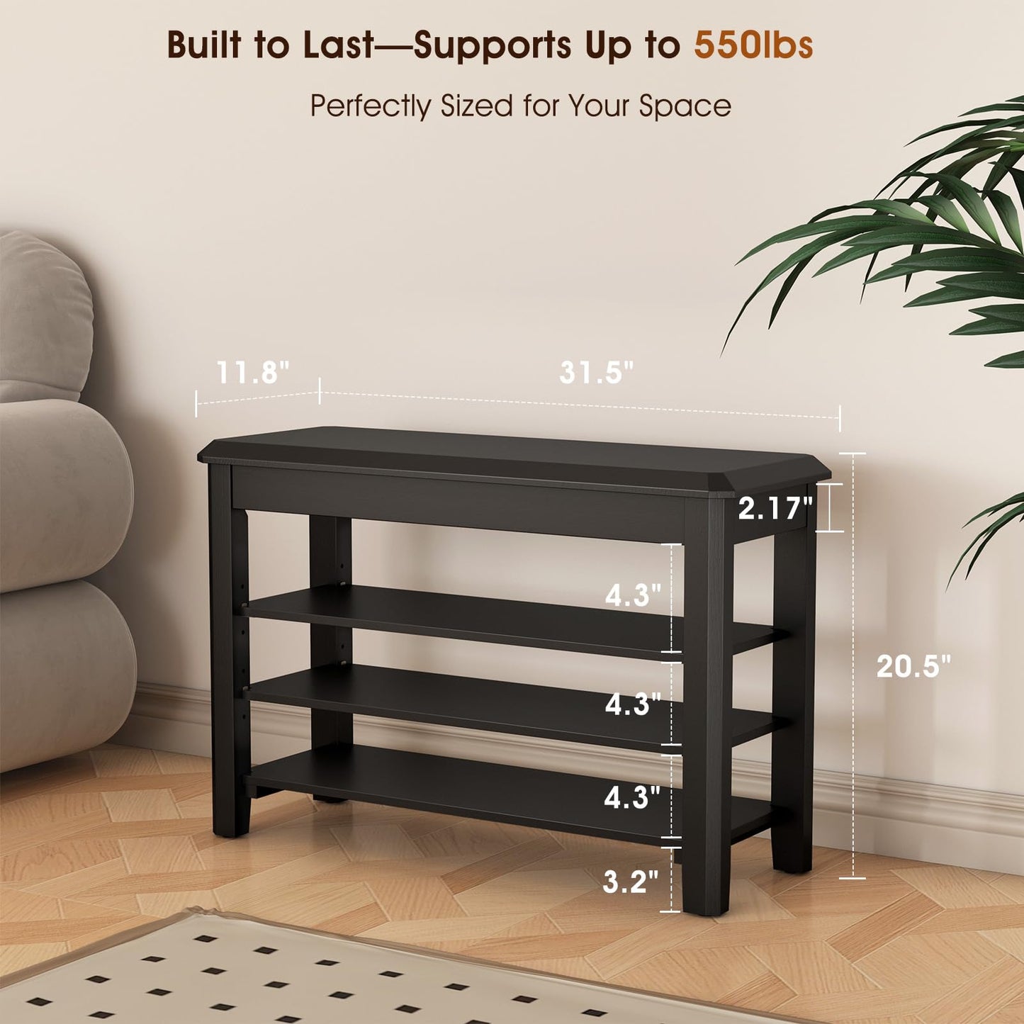 IUNVR Shoe Rack Bench Seat Rubberwood 3-Tier Wooden Storage Bench 550lbs Compact Mid-Century Modern Design for Entryway, Hallway, Closet, Front Door Entrance, Foyer