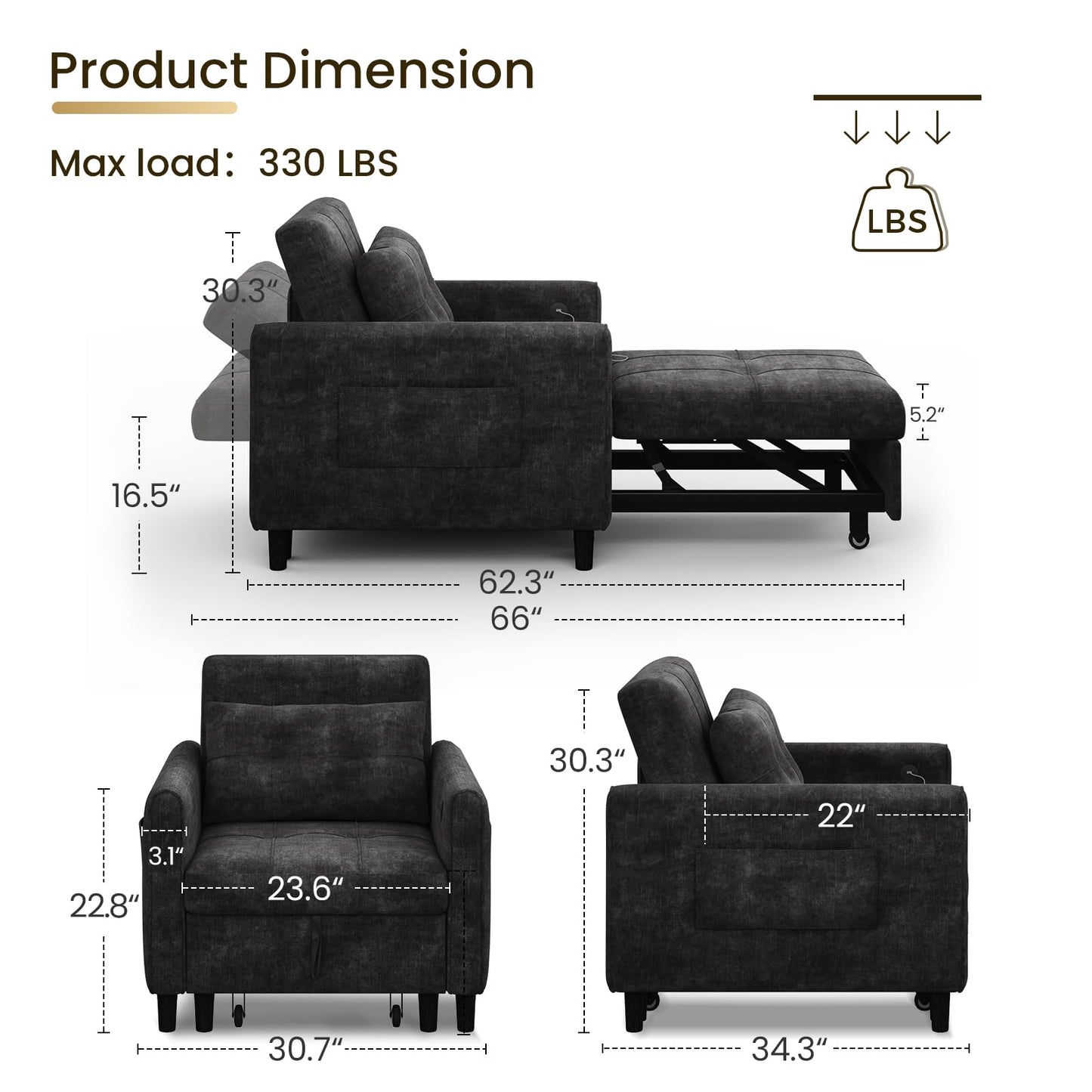 Casaottima Sleeper Chair with Pull Out Bed, Convertible 3-in-1 Lounge Chair with Adjustable Backrest, Chenille Sleeper Sofa for Living Room, Black
