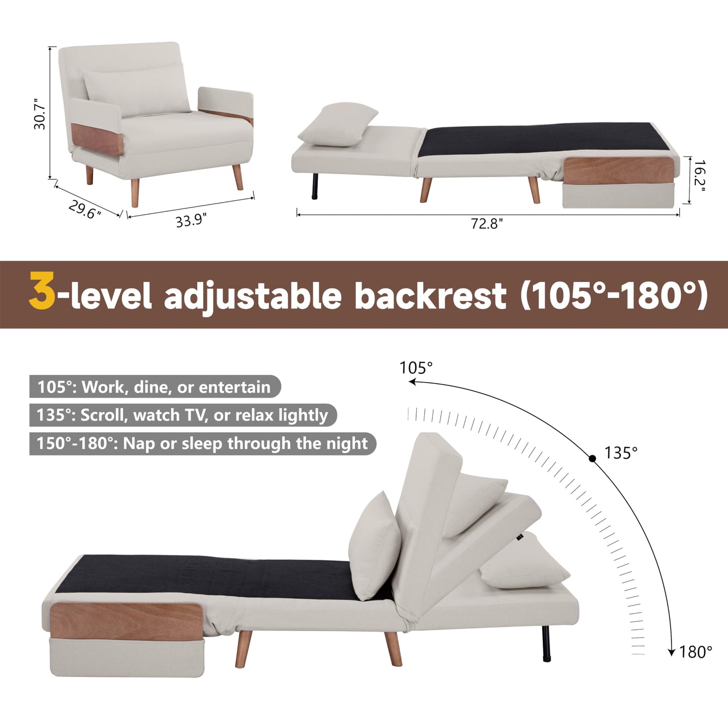 CITTANEO Convertible Sleeper Chair, 3-in-1 Chair Bed Sleeper for Adults with 3-Position Adjustable Backrest, Pillow and Wooden Arms, Folding Sofa Bed for Apartment, Dorm, Office, Beige