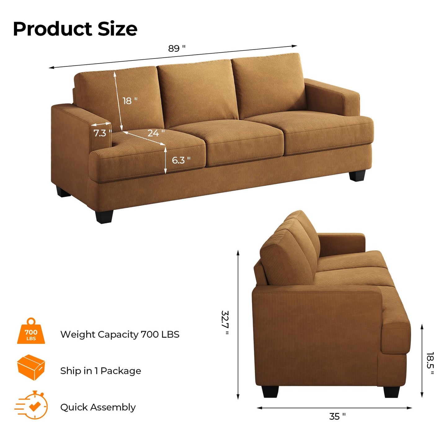 COPIAE 89 Inch Sofa with Extra Deep Seats Oversize, Corduroy Fabric 3 Seater Sofa for Living Room, Modern Couch and Sofa, Comfy Armrests and Seats and Backrests, Easy Installation, Ginger Yellow