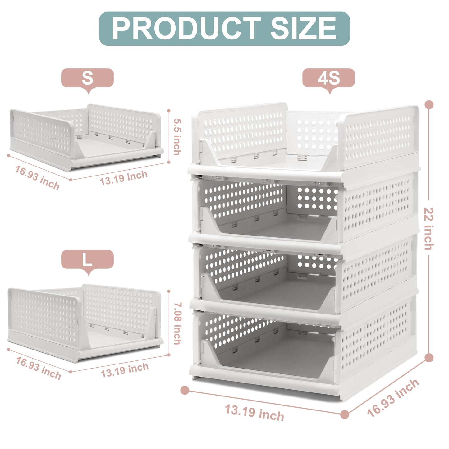 Stackable Foldable Storage Baskets, Folding Storage Bins, Closet Organizers and Plastic Drawer Shelf Storage Container for Wardrobe, Cupboard, Kitchen, Bathroom, Office (White, 4S)