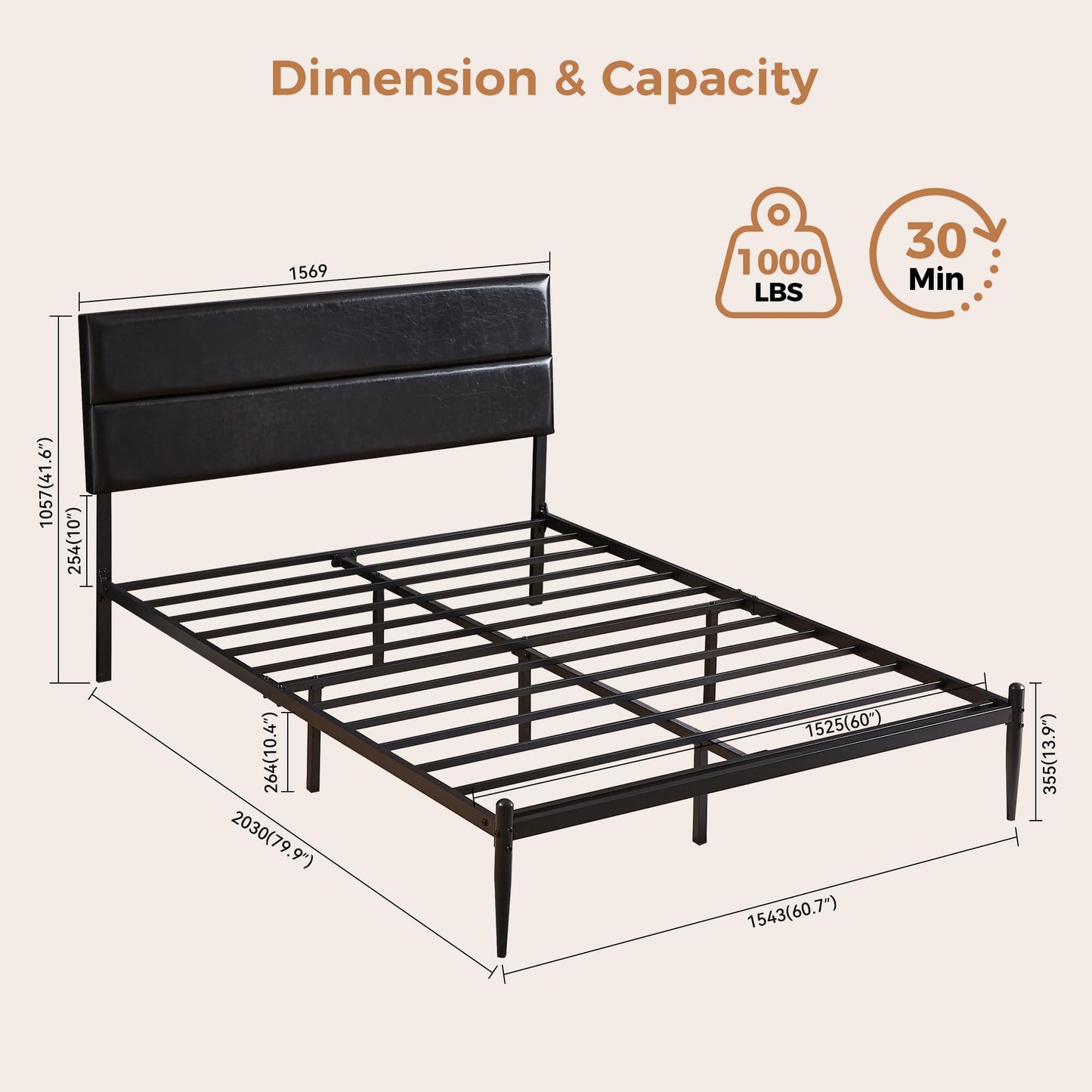 BedsPick Queen Size Bed Frame, Platform Bed Frame with Upholstered Headboard, 12 Quiet Slats, Urban Style Design, No Box Spring Needed (Dark Black)