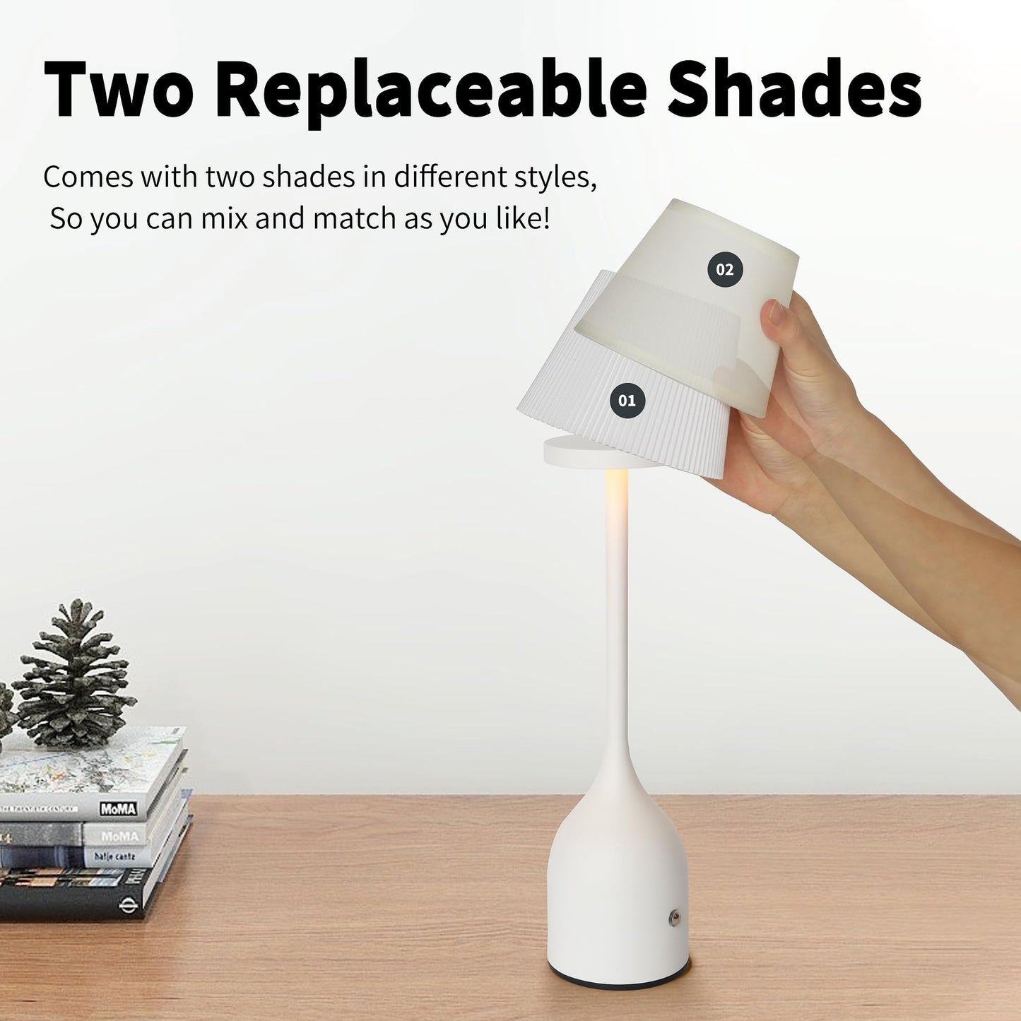 Mr. White Rechargeable Cordless Table Lamp with 2-Pack Lampshades, 5200mAh Battery & Touch Control, 12-inch Dimmable LED Table Light for Patio Restaurant Kitchen Dining (White)
