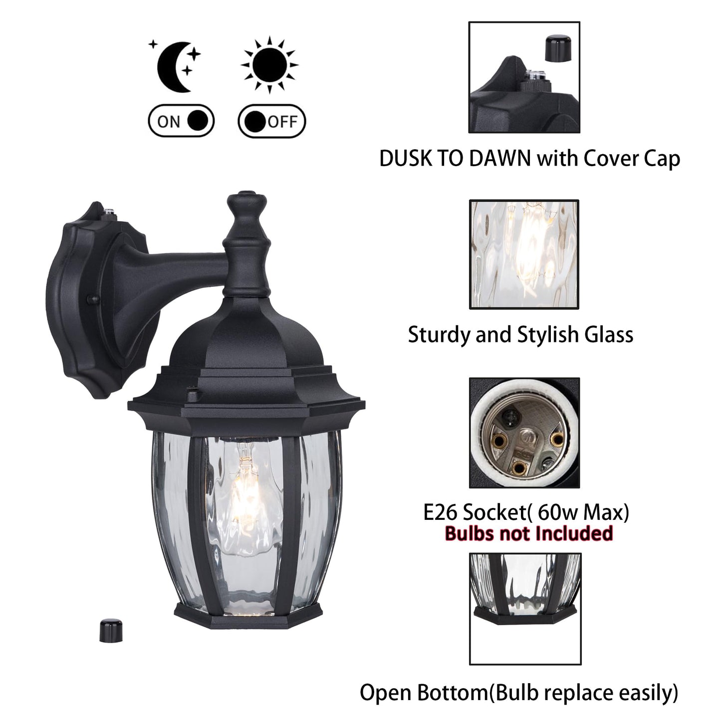 YoonLIT SMARTLIFE Outdoor Wall Sconces Dusk to Dawn, Large Waterproof Porch Light Fixture for Doorway Patio Garage Entryway, Aluminum Housing Plus Clear Water Glas, Black, 1-Pack