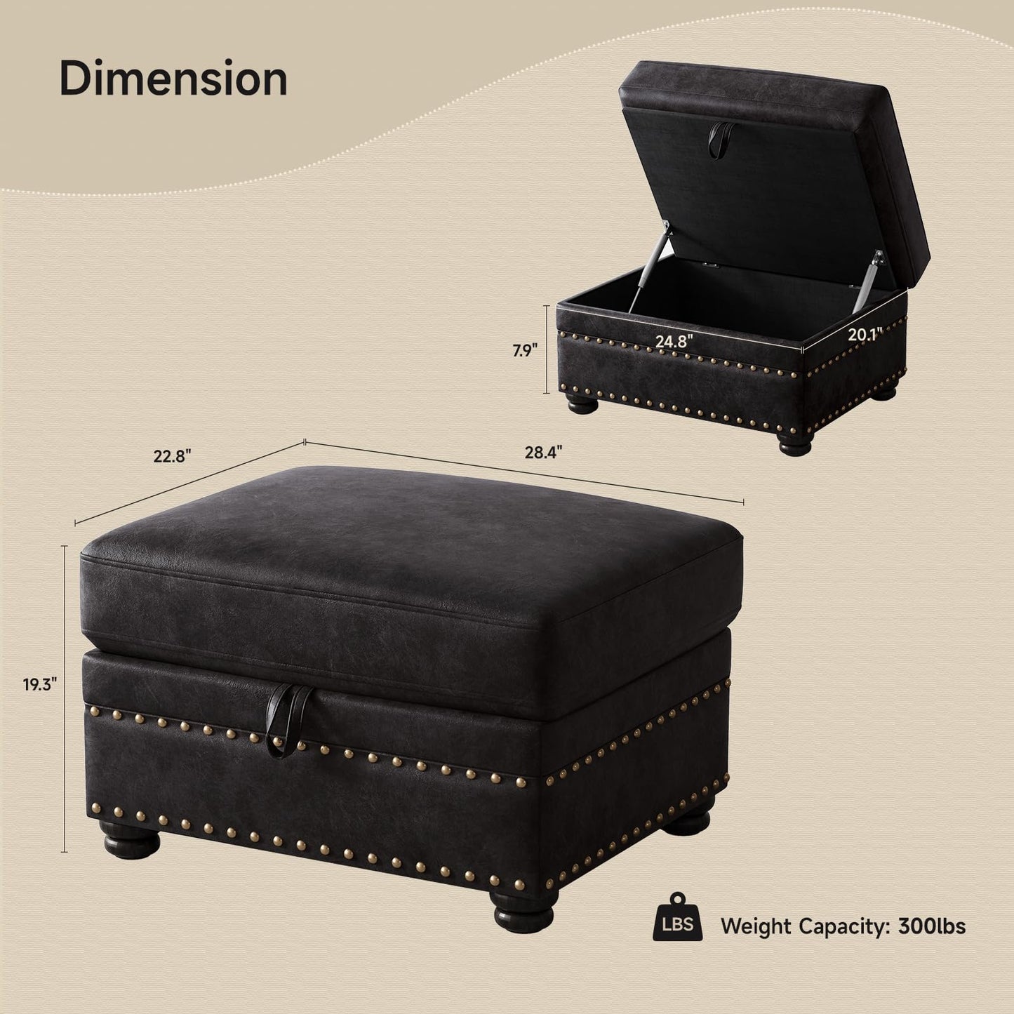 ONBRILL Faux Leather Ottoman with Storage, Rectangle Ottoman Coffee Table with Nailhead Trim, Solid Wood Legs, Oversized Upholstered Footrest Stool for Living Room, Bedroom, Apartment, Black