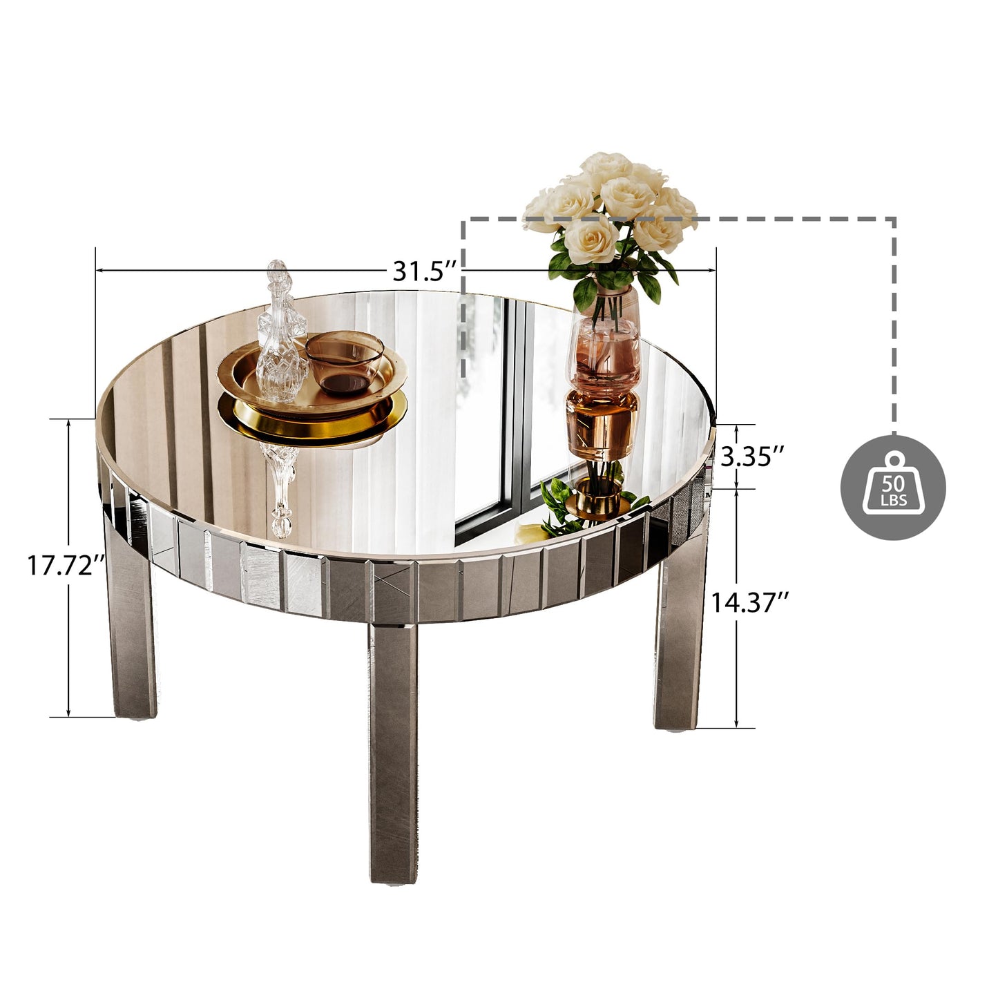 KUVADAZ Silver Mirrored Coffee Table, 31.5" Round Mirror Center Table with Starburst Mirror Mosaic Design, Modern Luxury Mirrored Furniture Glass Top Cocktail Tea Table for Living Room