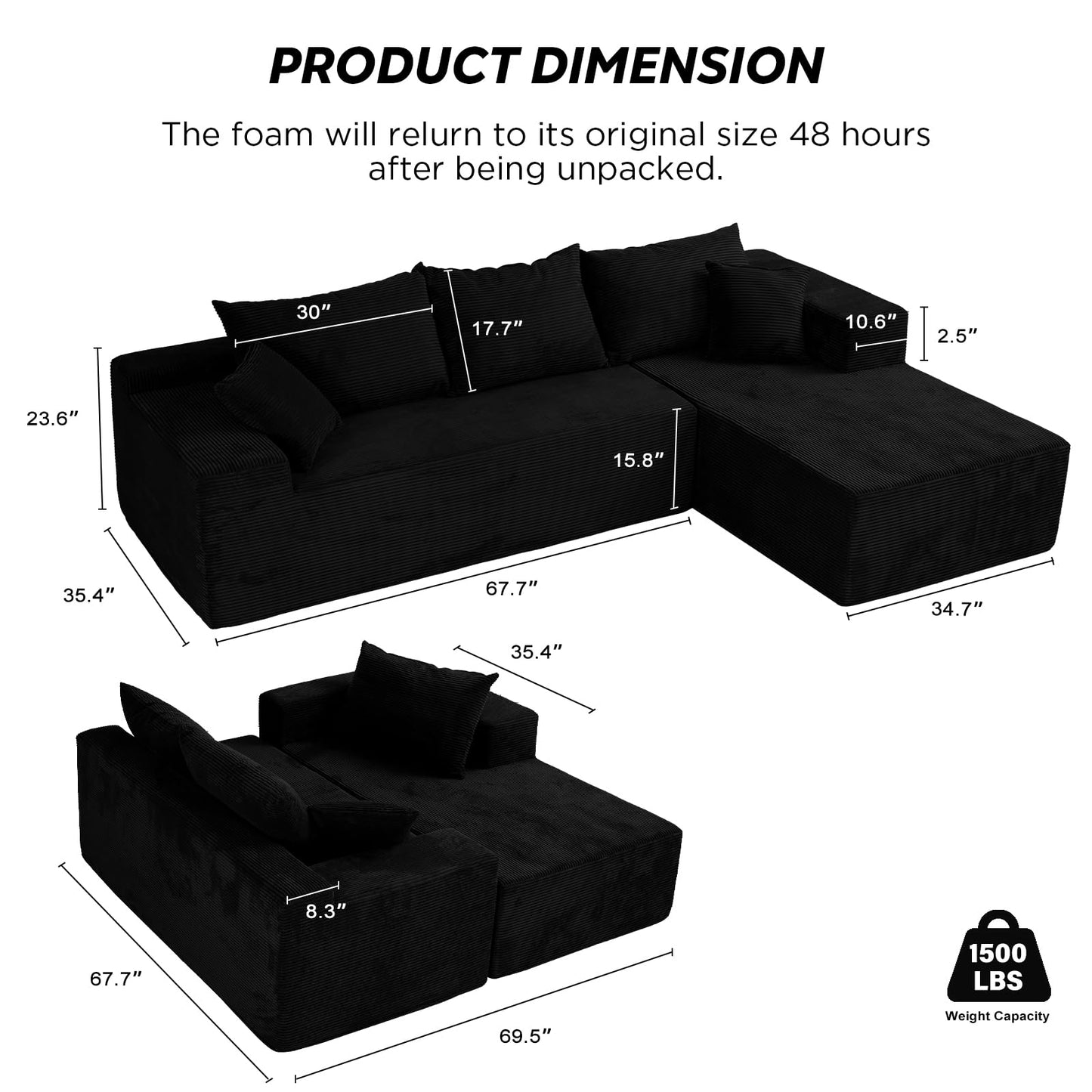 Black Cloud Couch Sectional Sofa in Box with L-Shape Chaise,Modern Modular Couches Upholstered with Deep Seat for Living Room,No Assembly Required