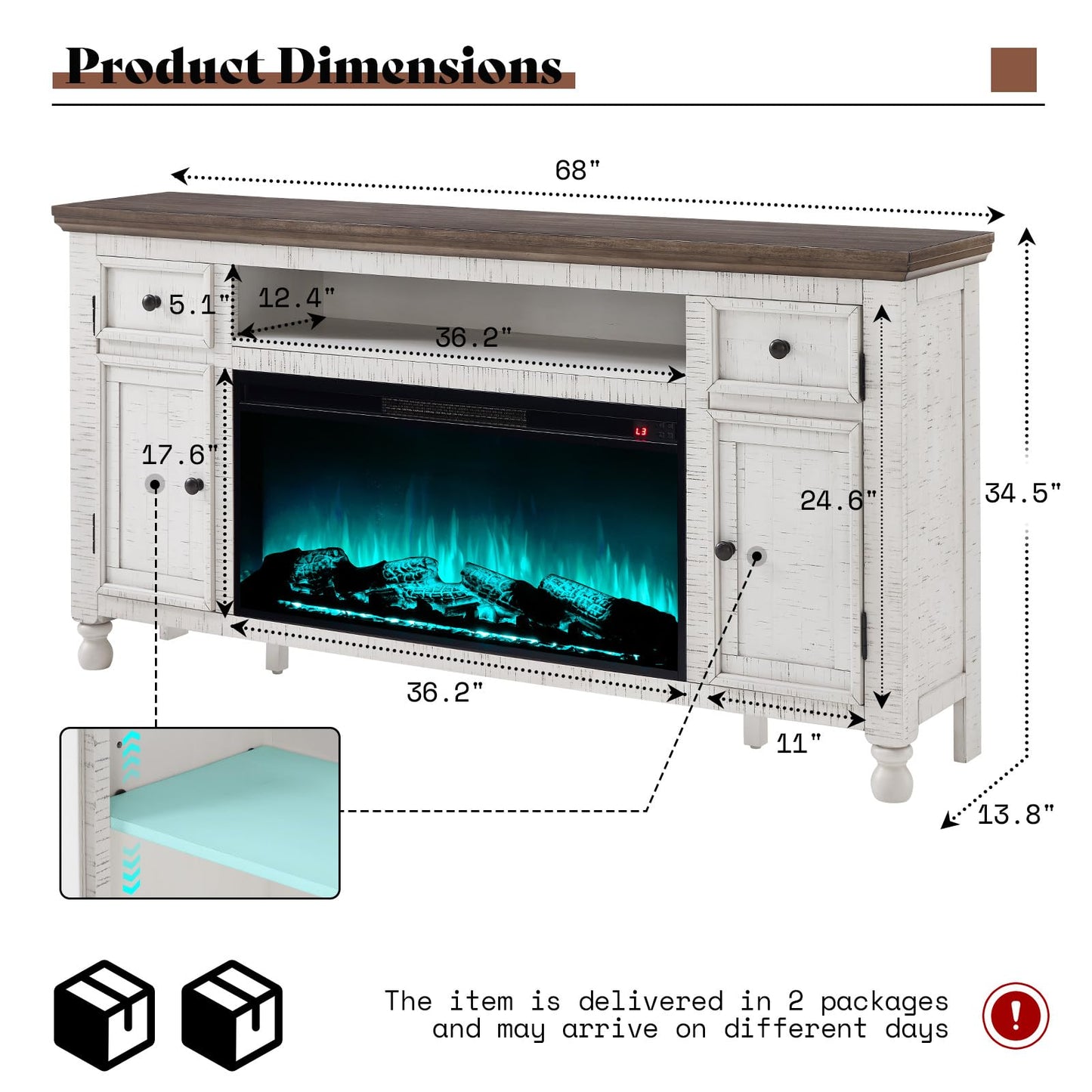 AMERLIFE 70”Fireplace TV Stand for TVs up to 75”, Farmhouse Entertainment Center with 36”Electric Fireplace Insert, Solid Wood Media Console with Storage, Distressed White
