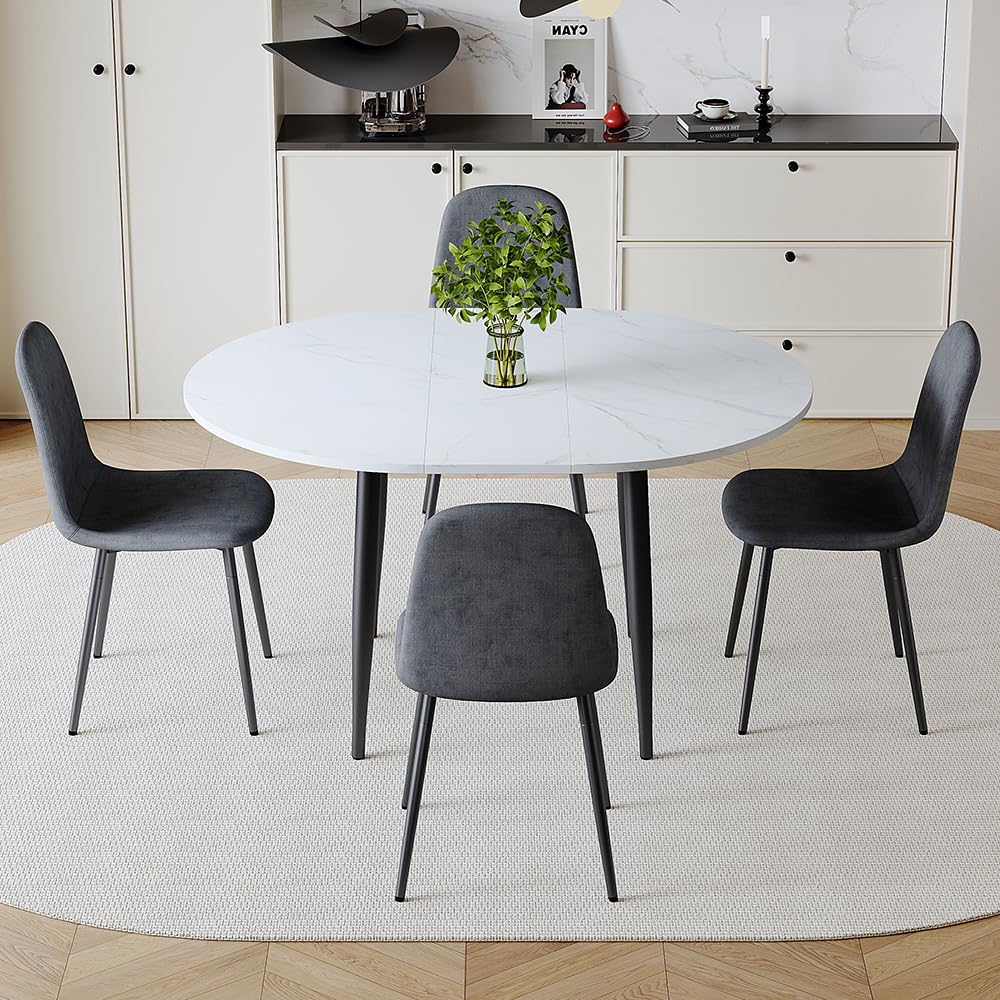 FURNITO Round Dining Table Set for 4, 42"-54" Extendable Dining Room Table Set for 4, White Kitchen Table and Upholstered Chairs Set of 4, 5 Piece Dining Table Set for Small Spaces, Easy Assembly