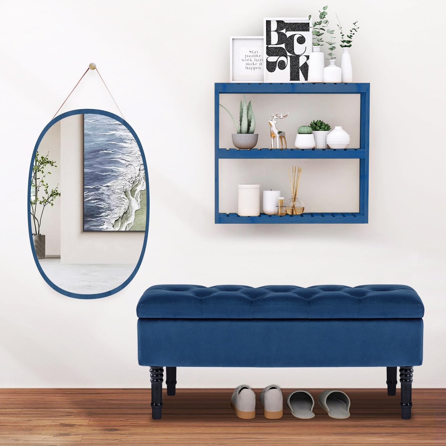 FOREDO Velvet Storage Ottoman Bench, Upholstered Storage Bench with Button Tufted, End of Bed Storage Bench, Blue