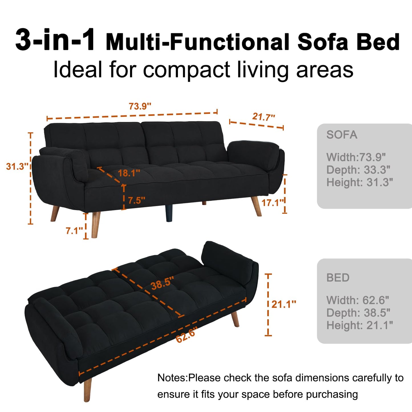 Modauiysa 73.9" Linen Futon Sofa Bed, Convertible Futon Couch Bed, Comfy Love Seat Sleeper with Adjustable Backrest, Small Couches for Small Spaces, Living Room,Bedroom and Office (Black)