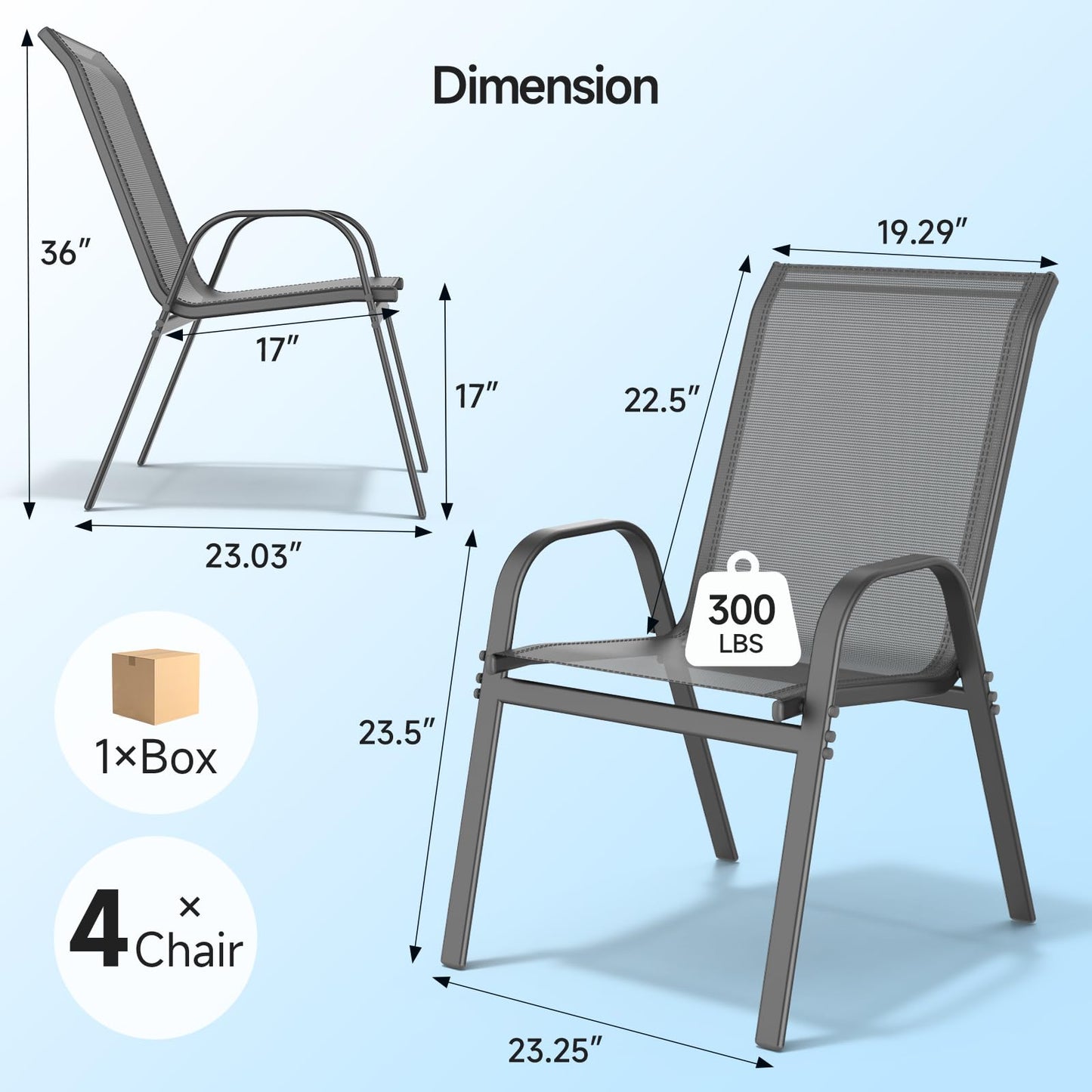 ONBRILL Patio Chairs set of 4, Easy Assembly Stackable Outdoor Dining Chairs with Wide Seat and Sturdy Metal Frame, Breathable All Weather Textilene Outdoor Chairs Set of 4 for Deck, Pool, Porch, Grey