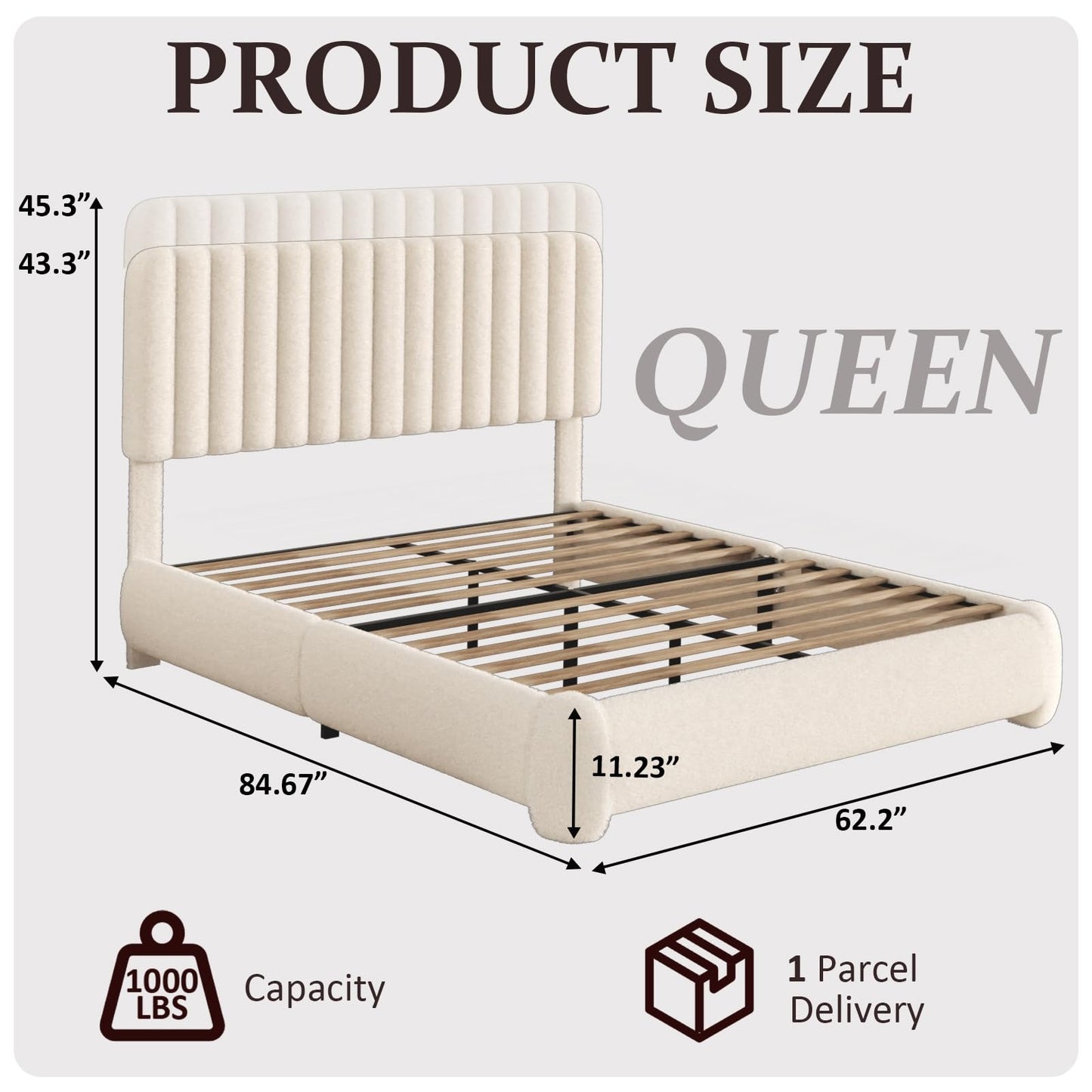 Konprosp Queen Boucle Bed Frame, Upholstered Cloud Platform Bed Frame with Adjustable Headboard, Vertical Tufted, Soft Rounded Corners, Beige