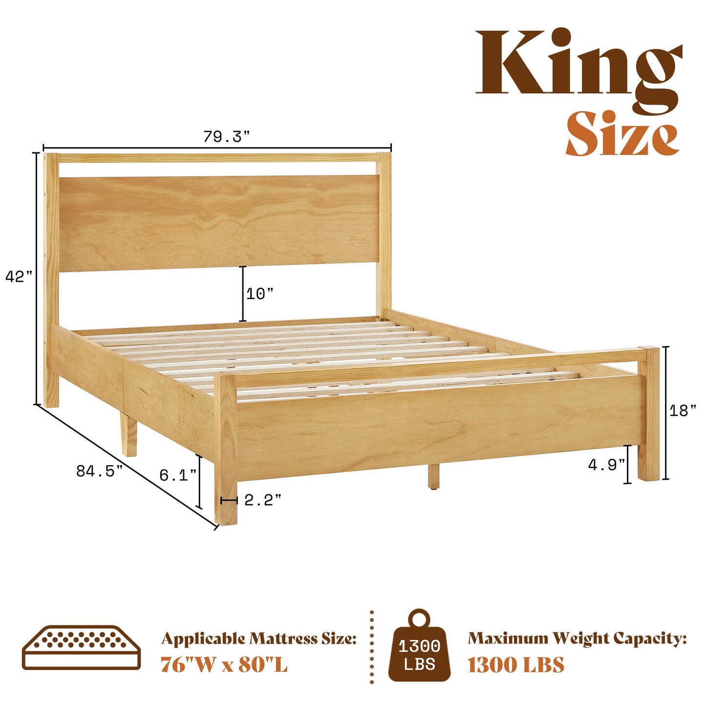 AMERLIFE King Size Solid Wood Bed Frame with Headboard, Minimalist Platform Bed with Wood Slats Support/No Box Spring Needed/Easy Assembly/Noise-Free, Natural