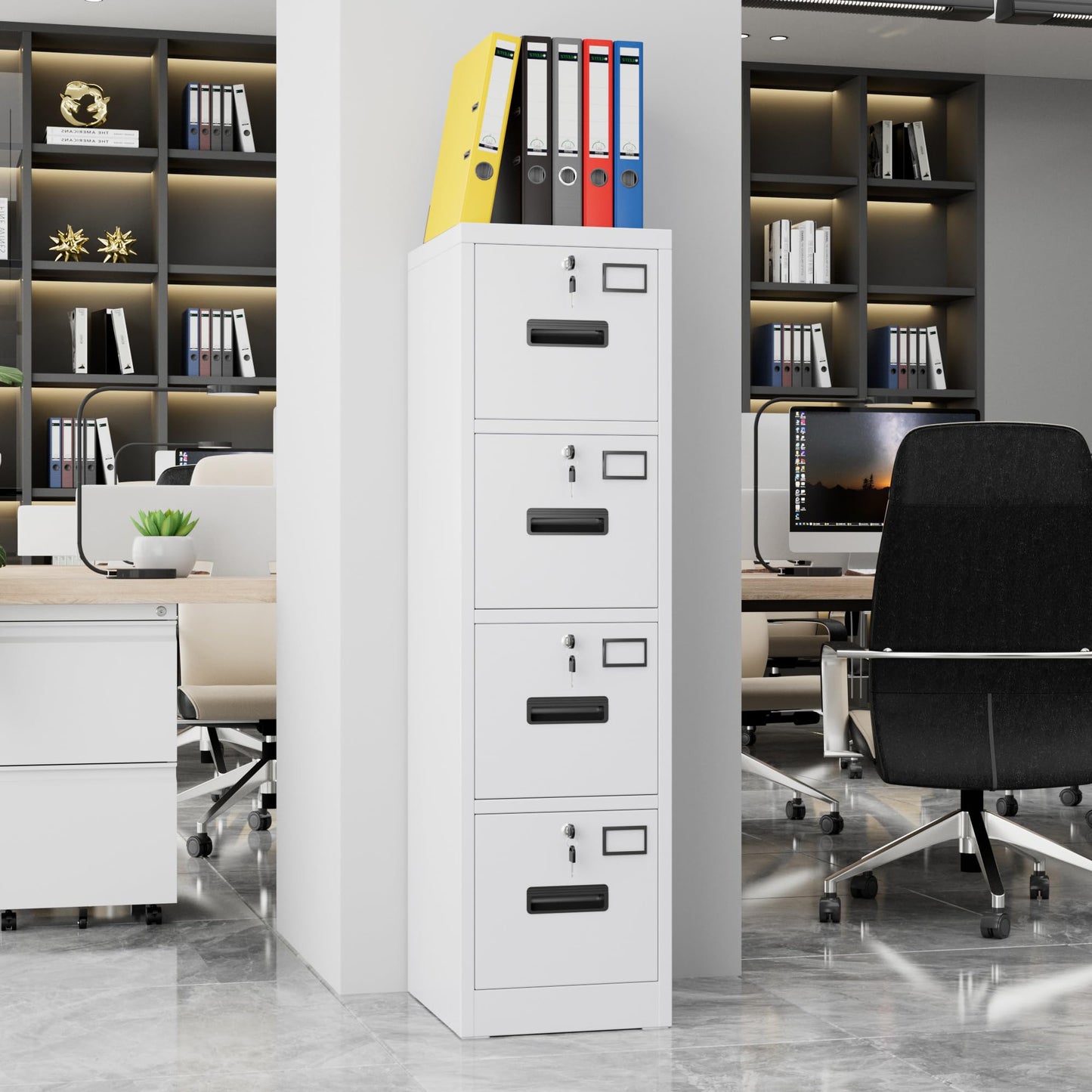 Reemoon Vertical File Cabinet with 4 Drawers,Metal Filing Storage Cabinet with 4 Lock, A4 Letter/Legal Size for Home Office School, Assembly Required,White