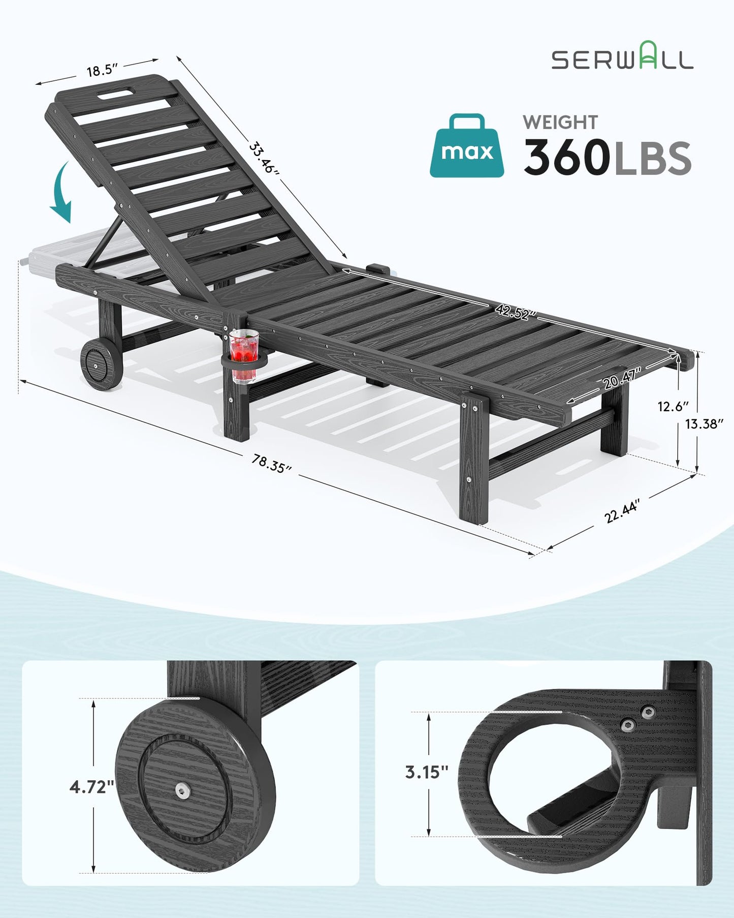 SERWALL Patio Chaise Lounge, HDPE Outdoor Lounge Chair with Cup Holder, 5 Positions Adjustable Poly Lounge Chair with Rolling Wheels for Poolside, Deck, Sunbathing, Grey